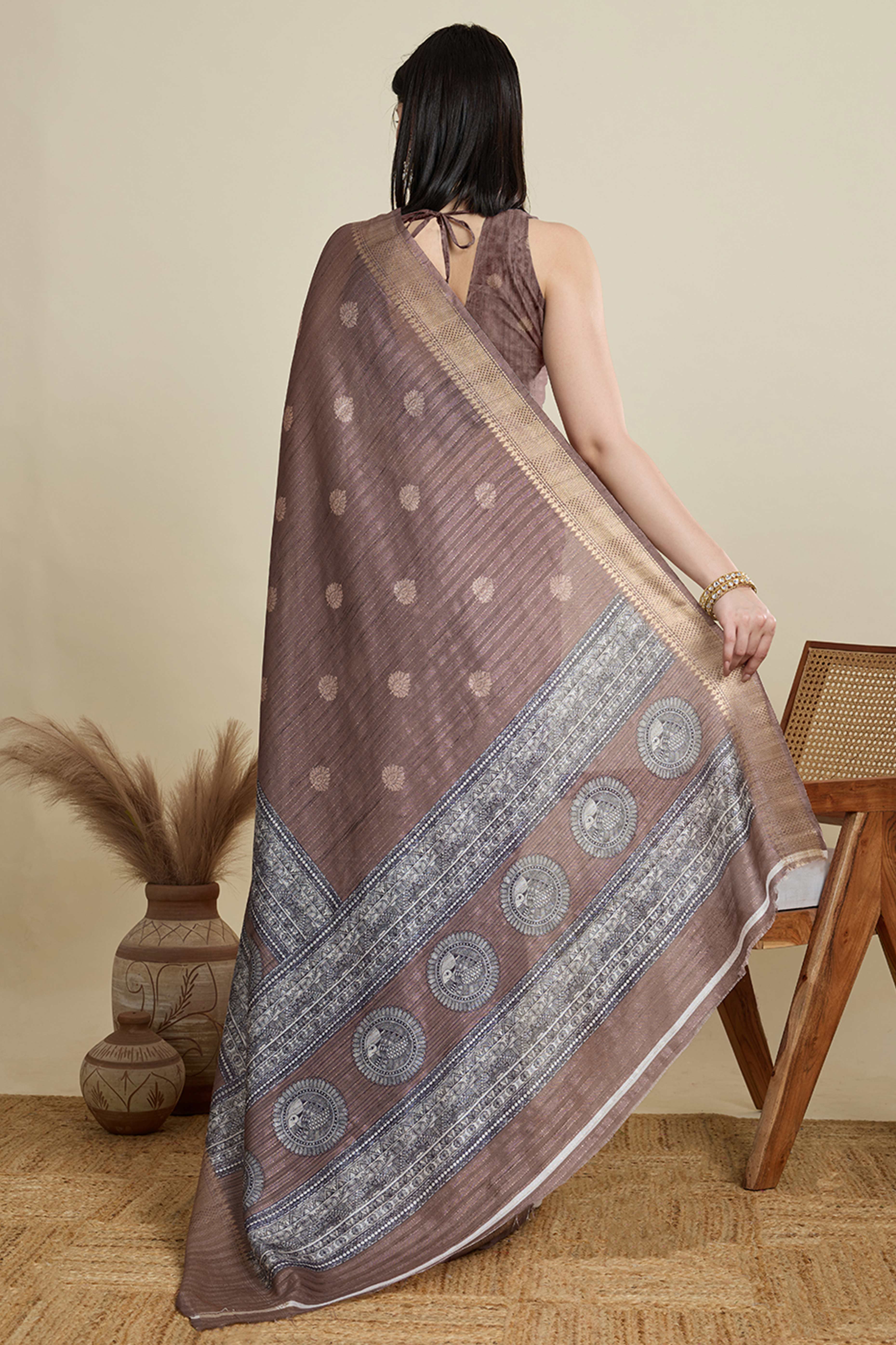 Coffee Brown Cotton Blend Saree Featuring Floral Prints and a Festive Zari Border Accent