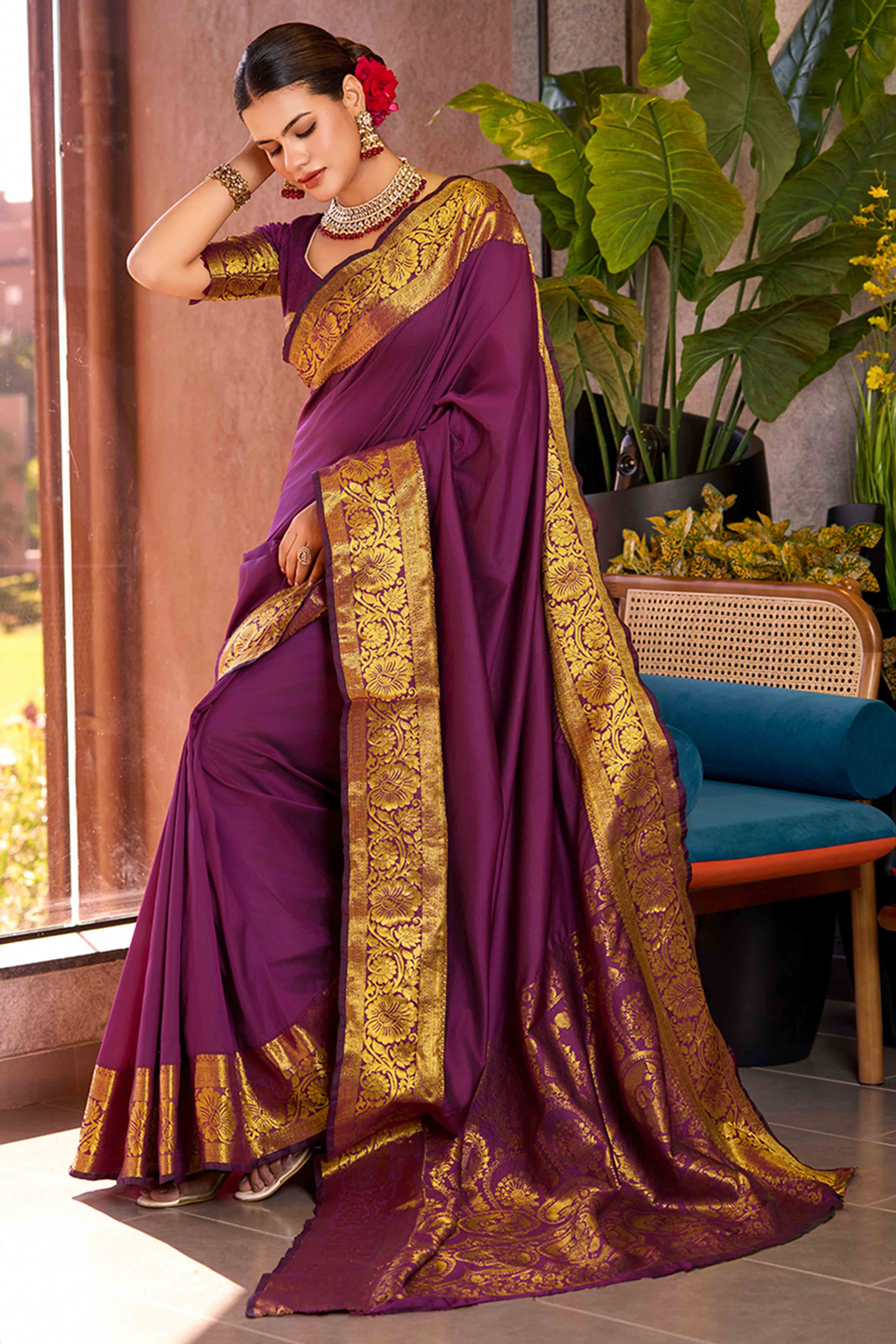 Let Your Style Shine With Purple Floral Woven Pure Silk Saree