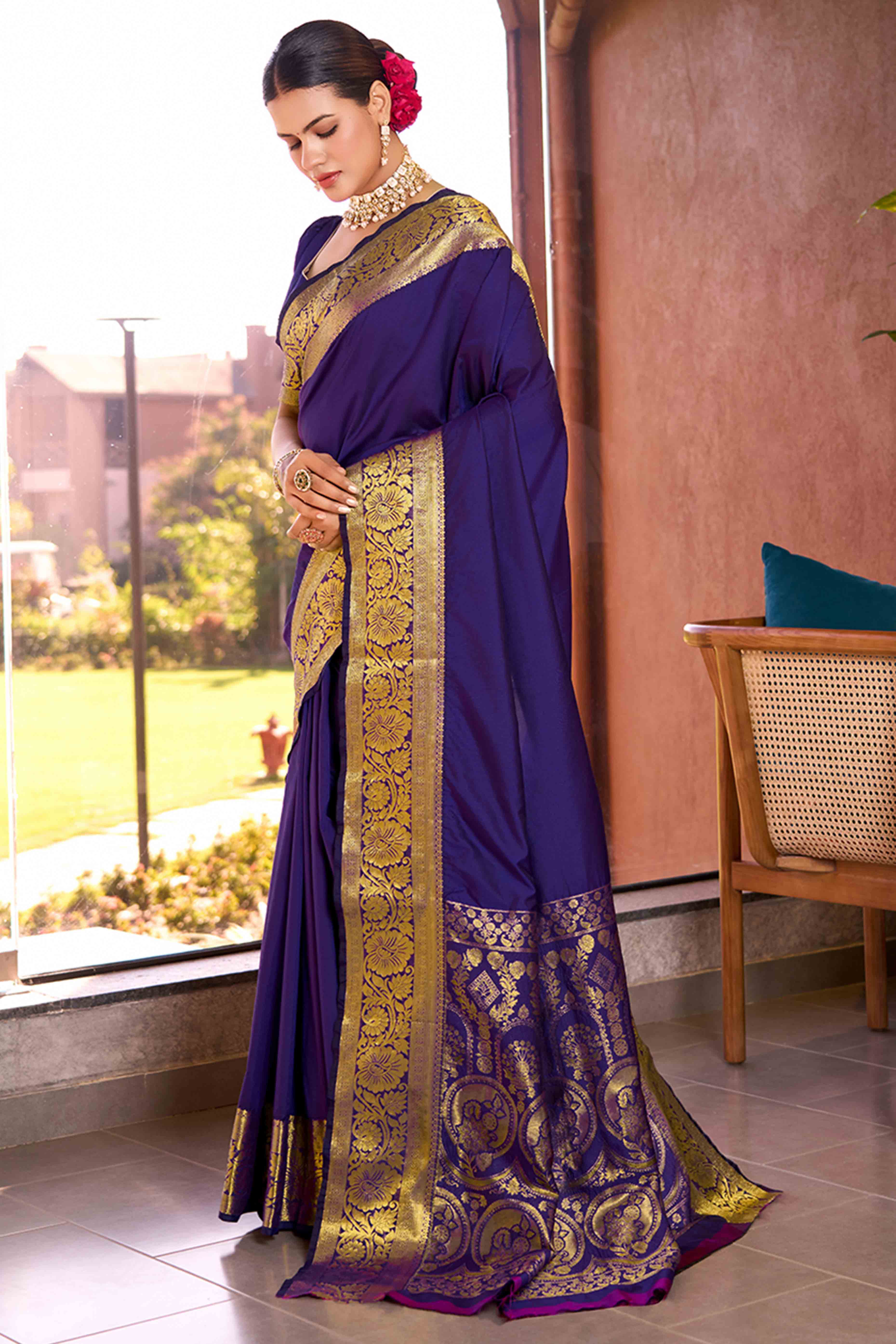Celebrate Heritage With Majorelle Blue Floral Woven Pure Silk Saree