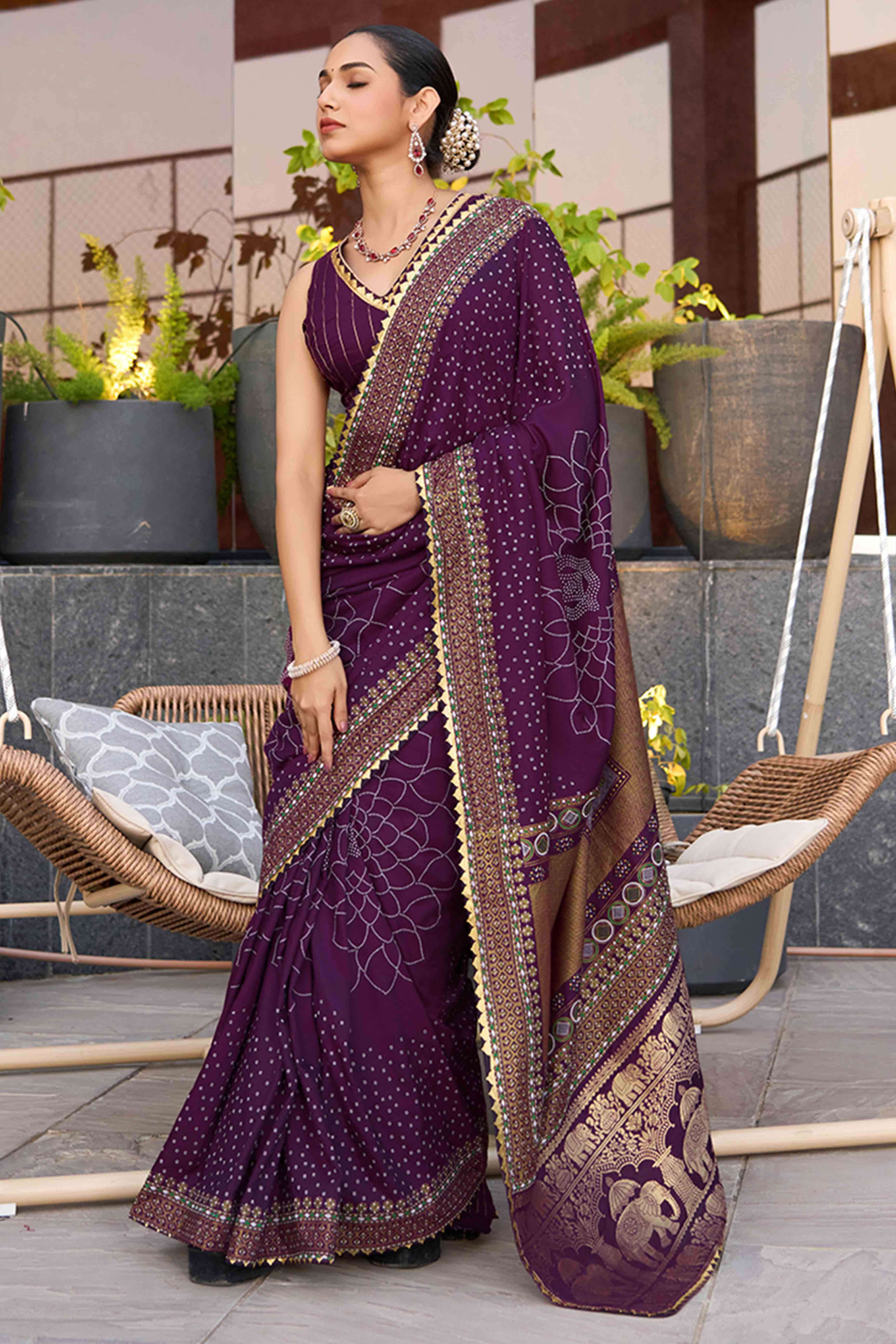 Experience Timeless Beauty With Wine Bandhani Foil Printed Cotton Silk Sarree With Lace Border