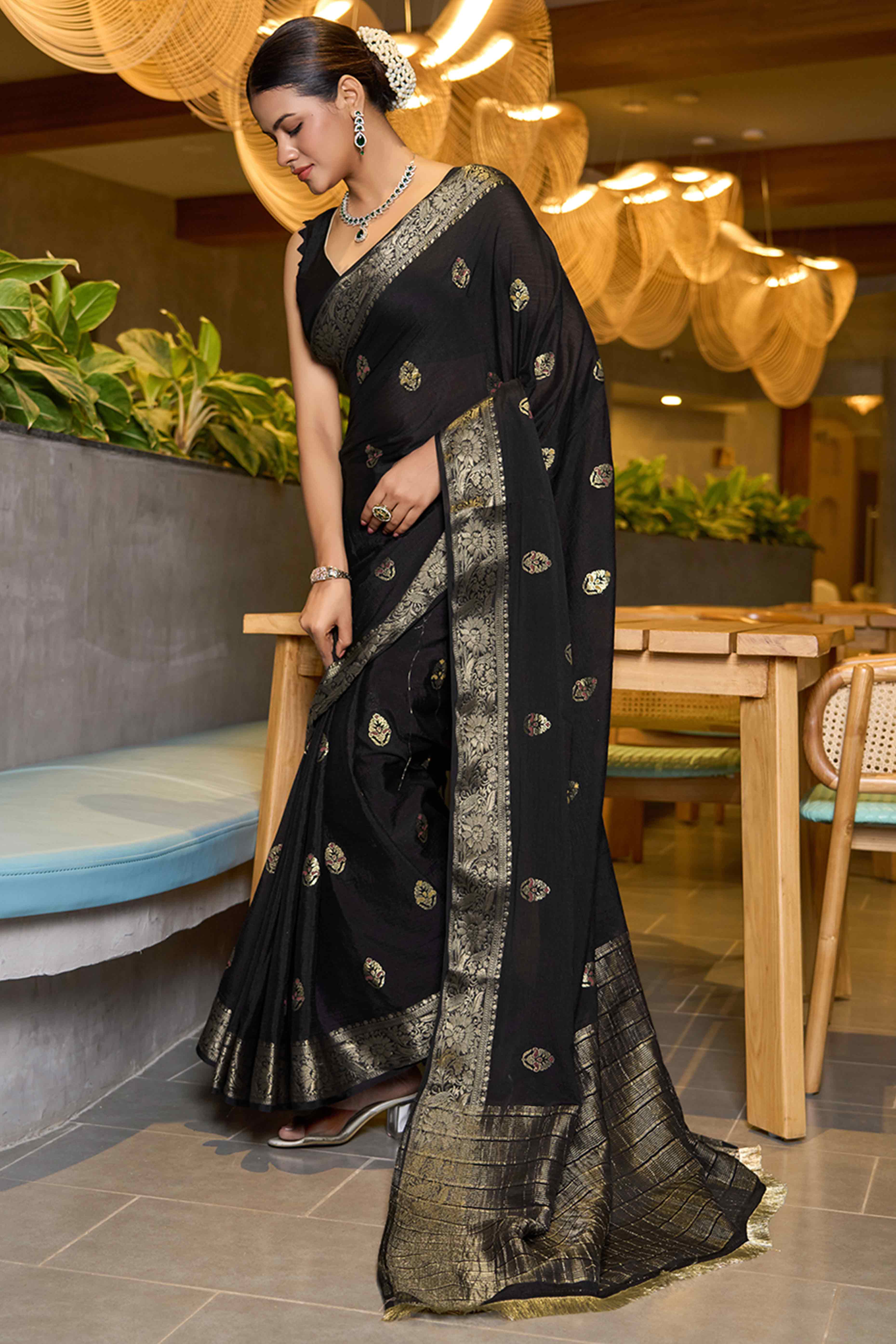 Feel The Luxury Of Black Floral Woven Chinon Silk Saree