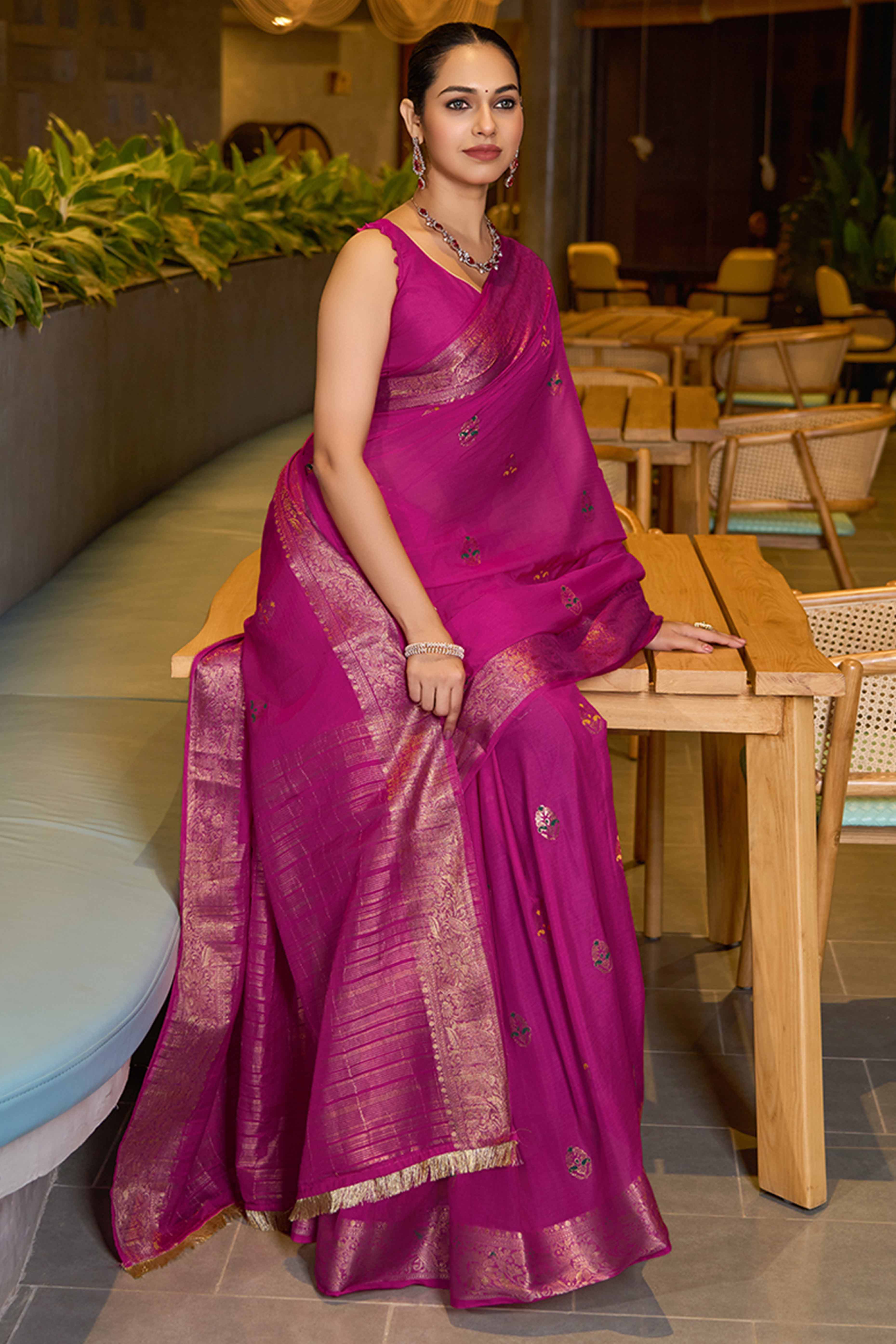 Make A Regal Statement In Pink Floral Woven Chinon Silk Saree