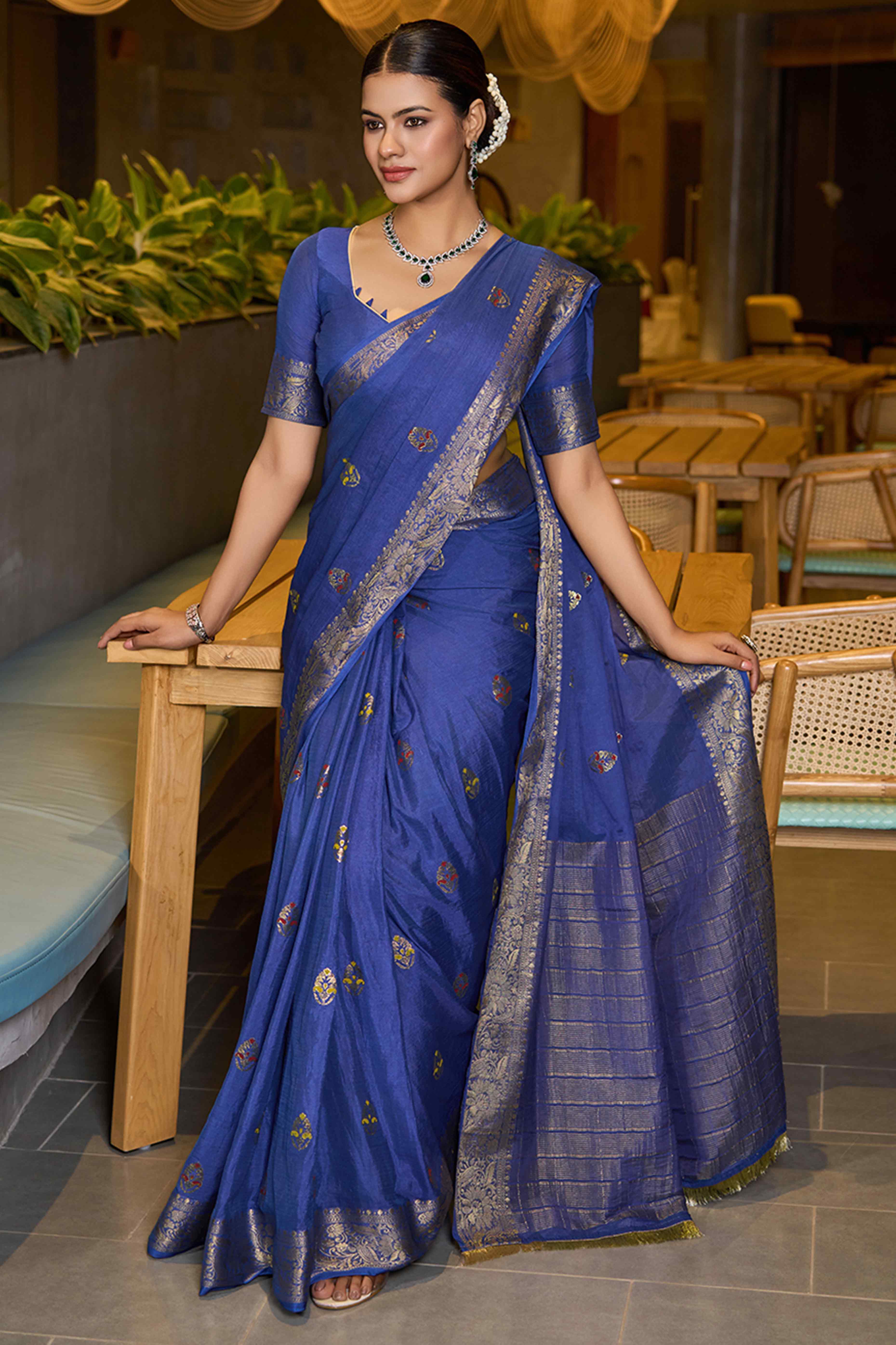 Feel The Luxury Of Blue Floral Woven Chinon Silk Saree