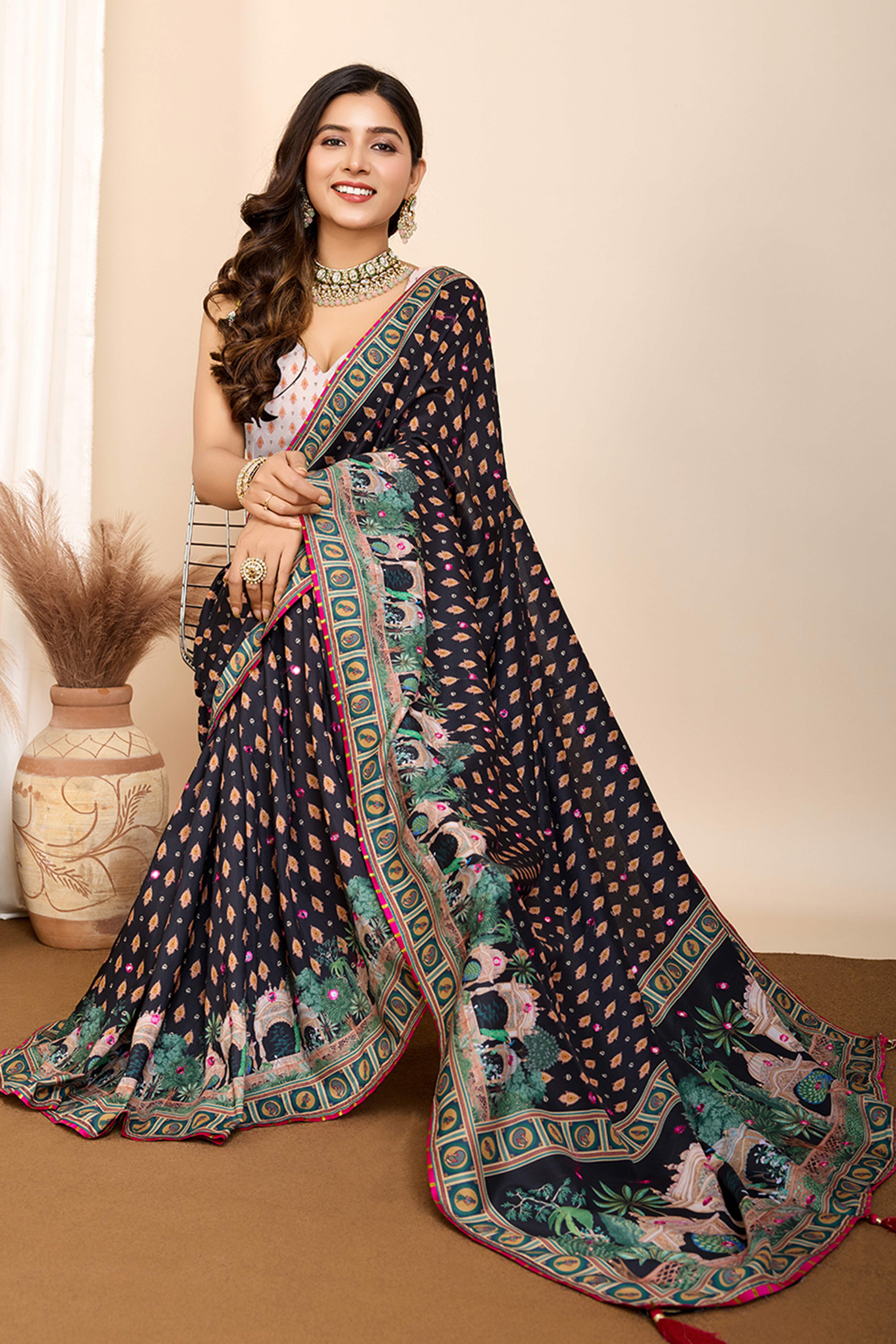 Black Mirror Work Bandhani Printed Muslin Saree