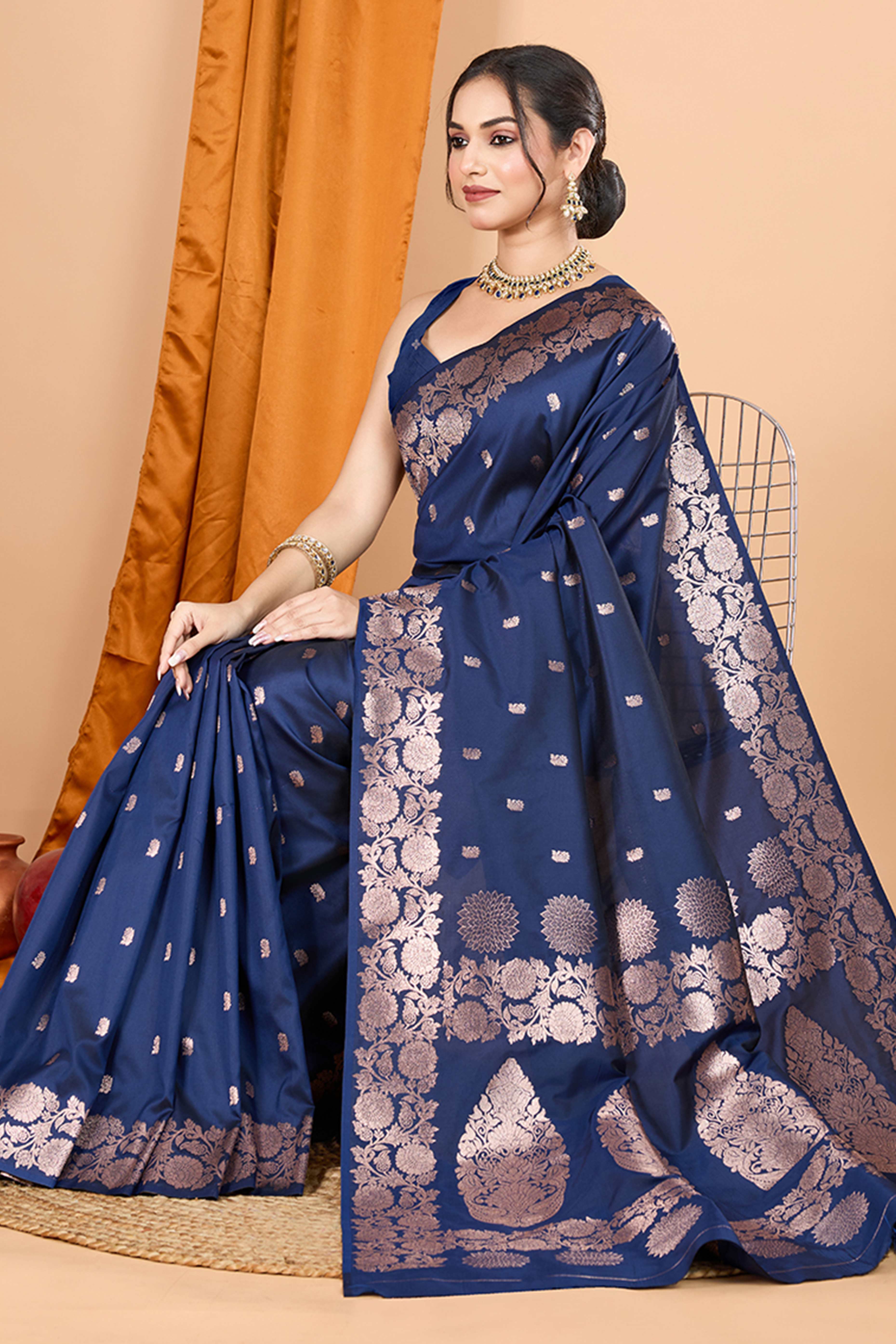 Navy Blue Banarasi Silk Saree With Intricate Floral Zari Weaving