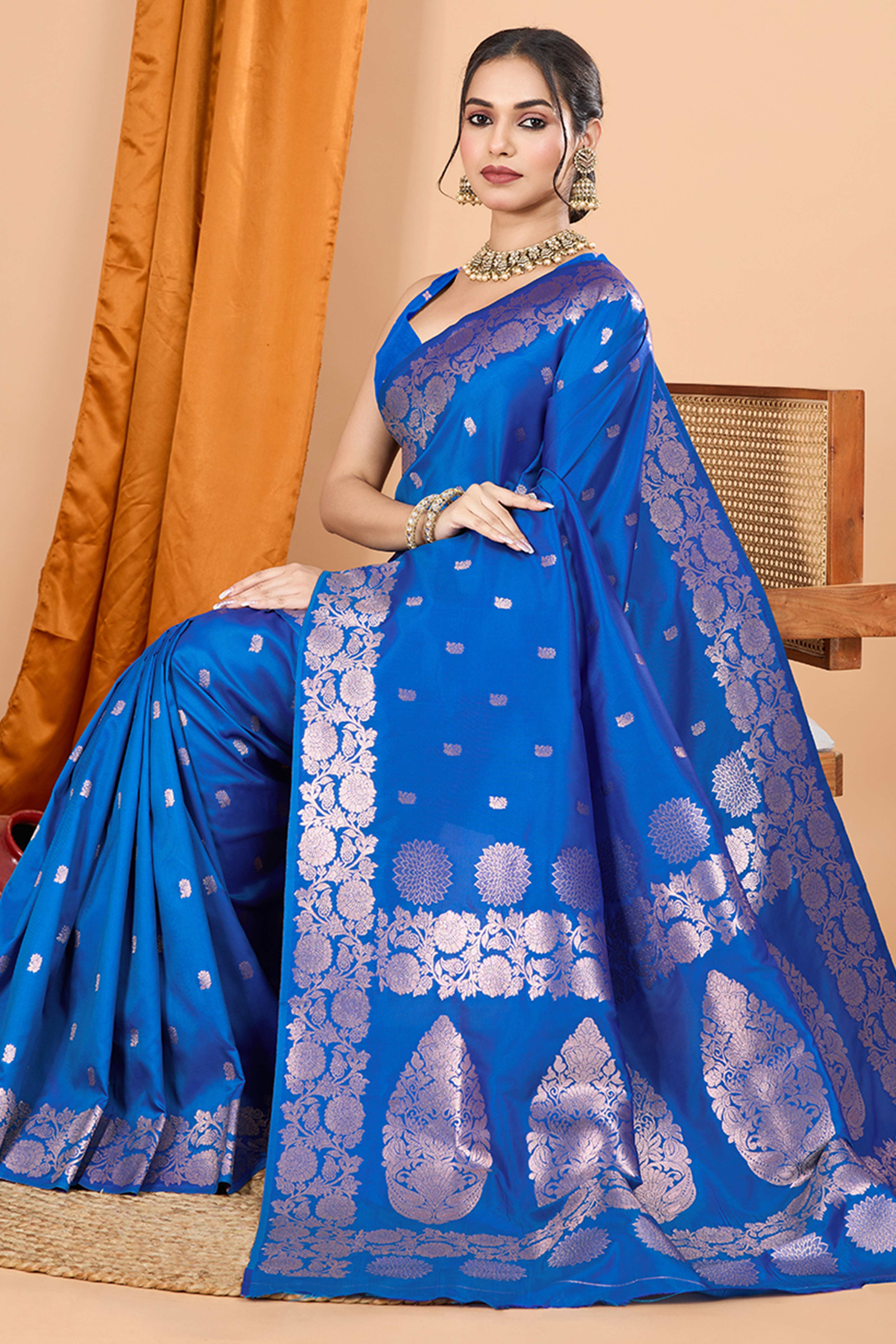 Royal Blue Banarasi Silk Saree With Intricate Floral Zari Weaving