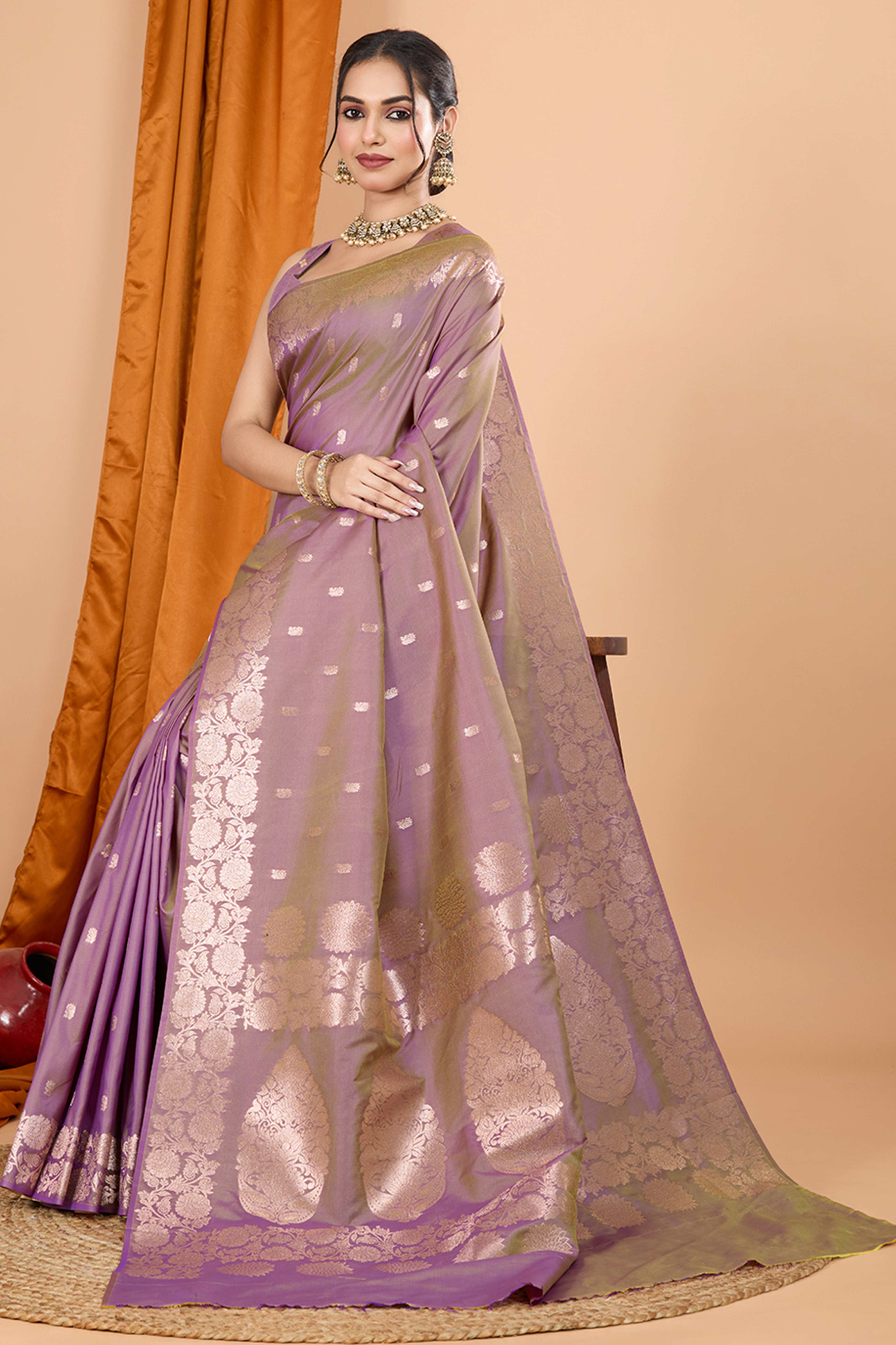 Lilac Lavender Banarasi Silk Saree With Intricate Floral Zari Weaving