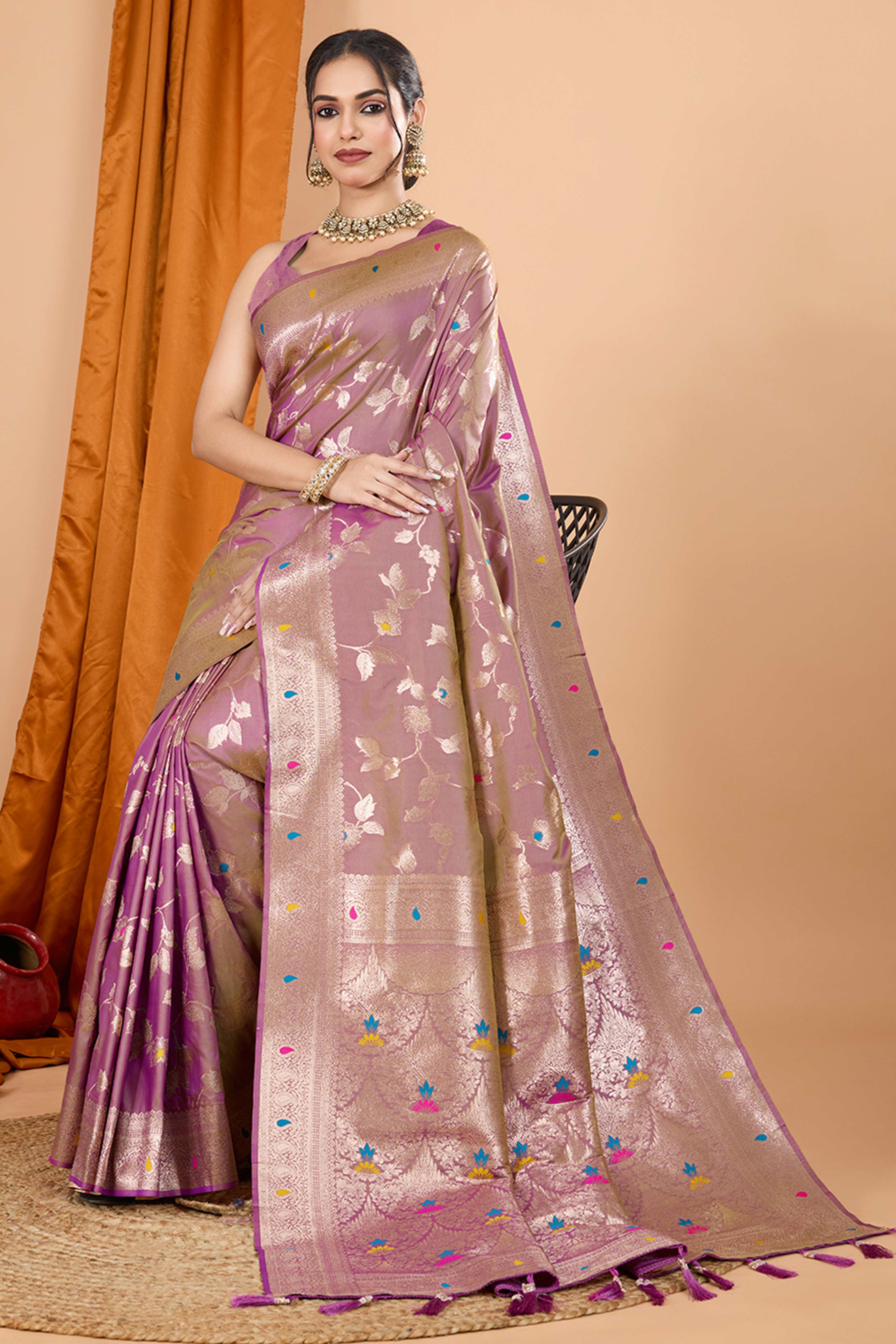 Lilac Lavender Banarasi Silk Saree With Exquisite Floral Zari Weaving and Elegant Tassels
