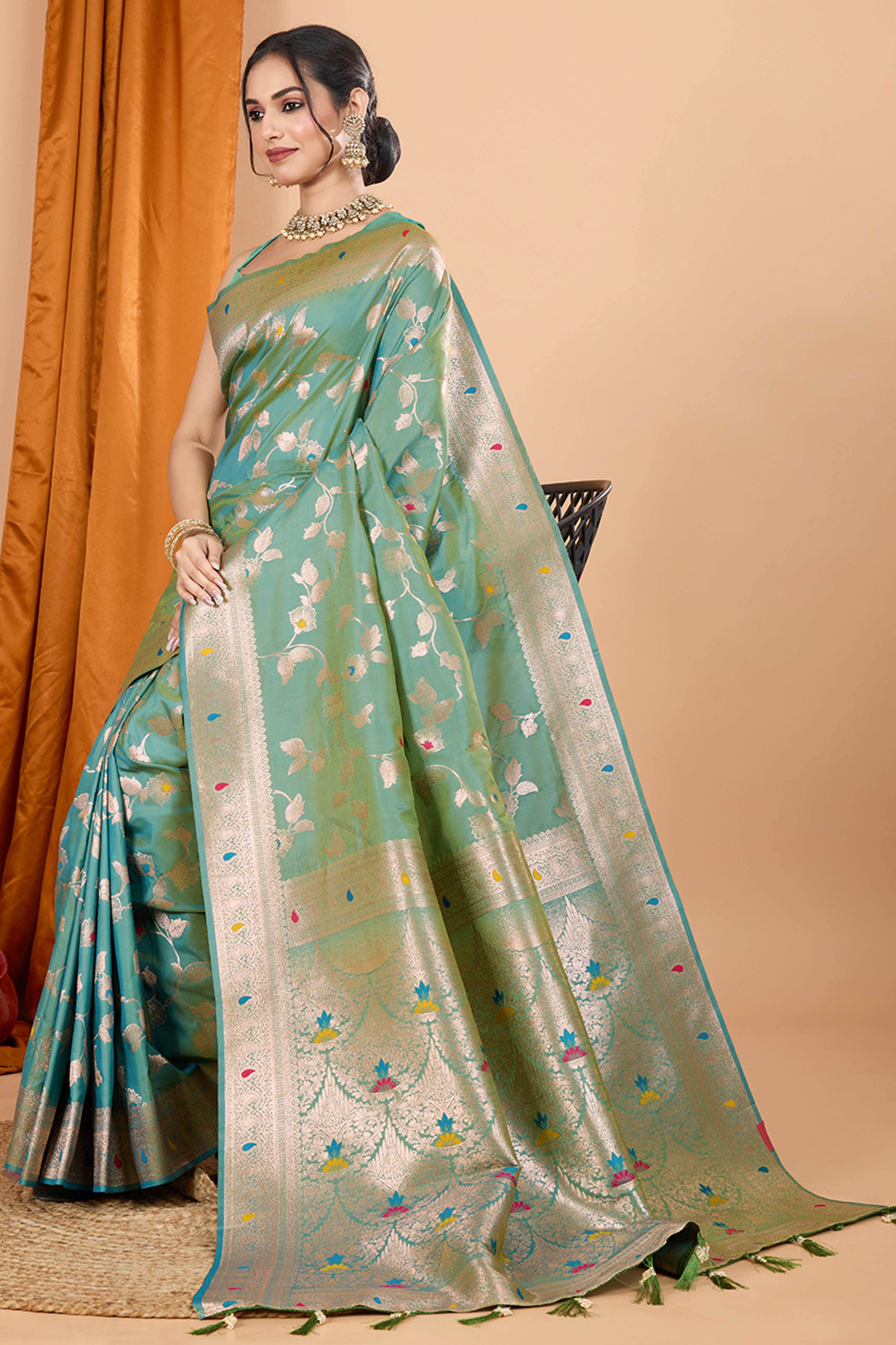 Rama Green Banarasi Silk Saree With Exquisite Floral Zari Weaving and Elegant Tassels
