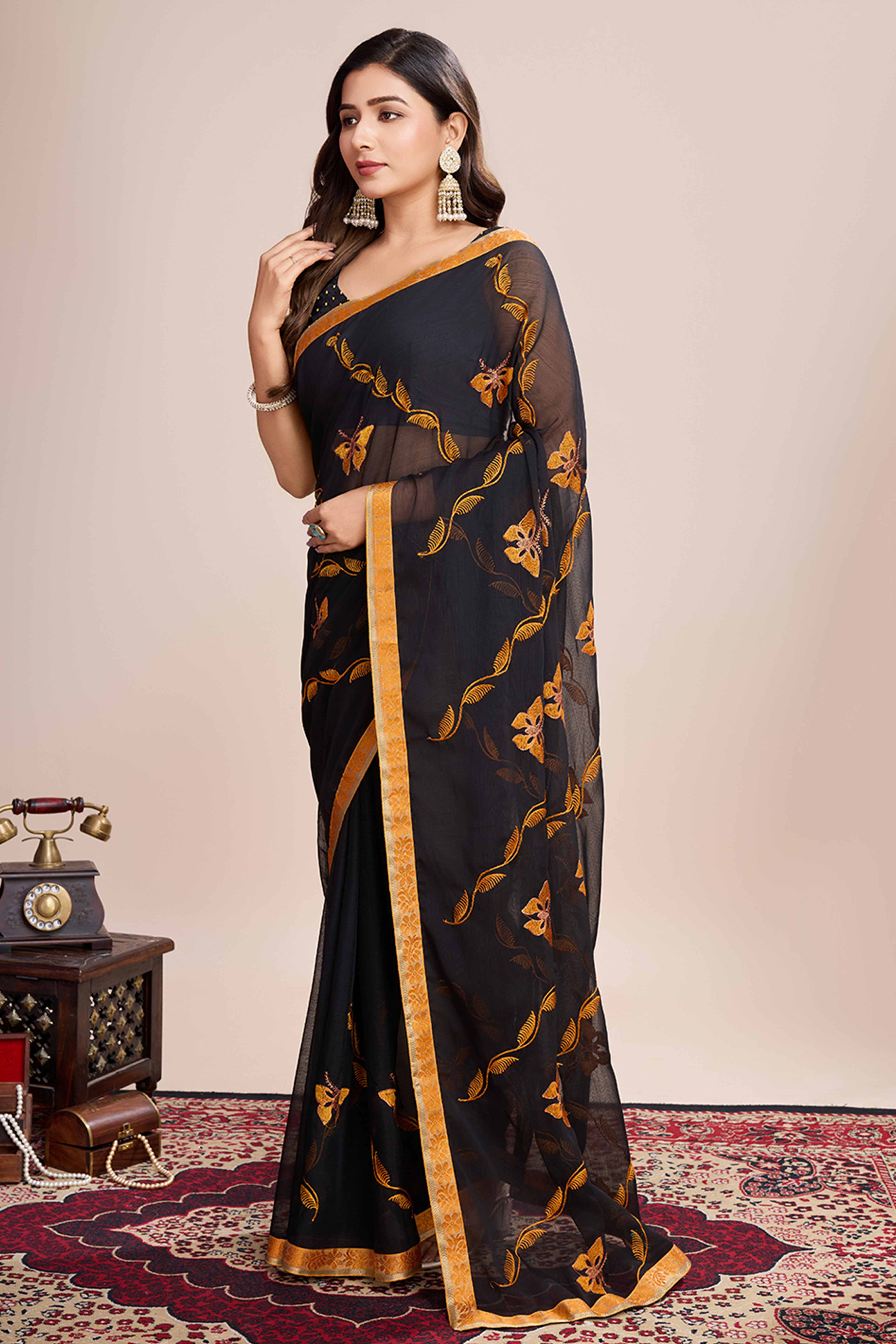 Black Floral Embroidered Georgette Saree