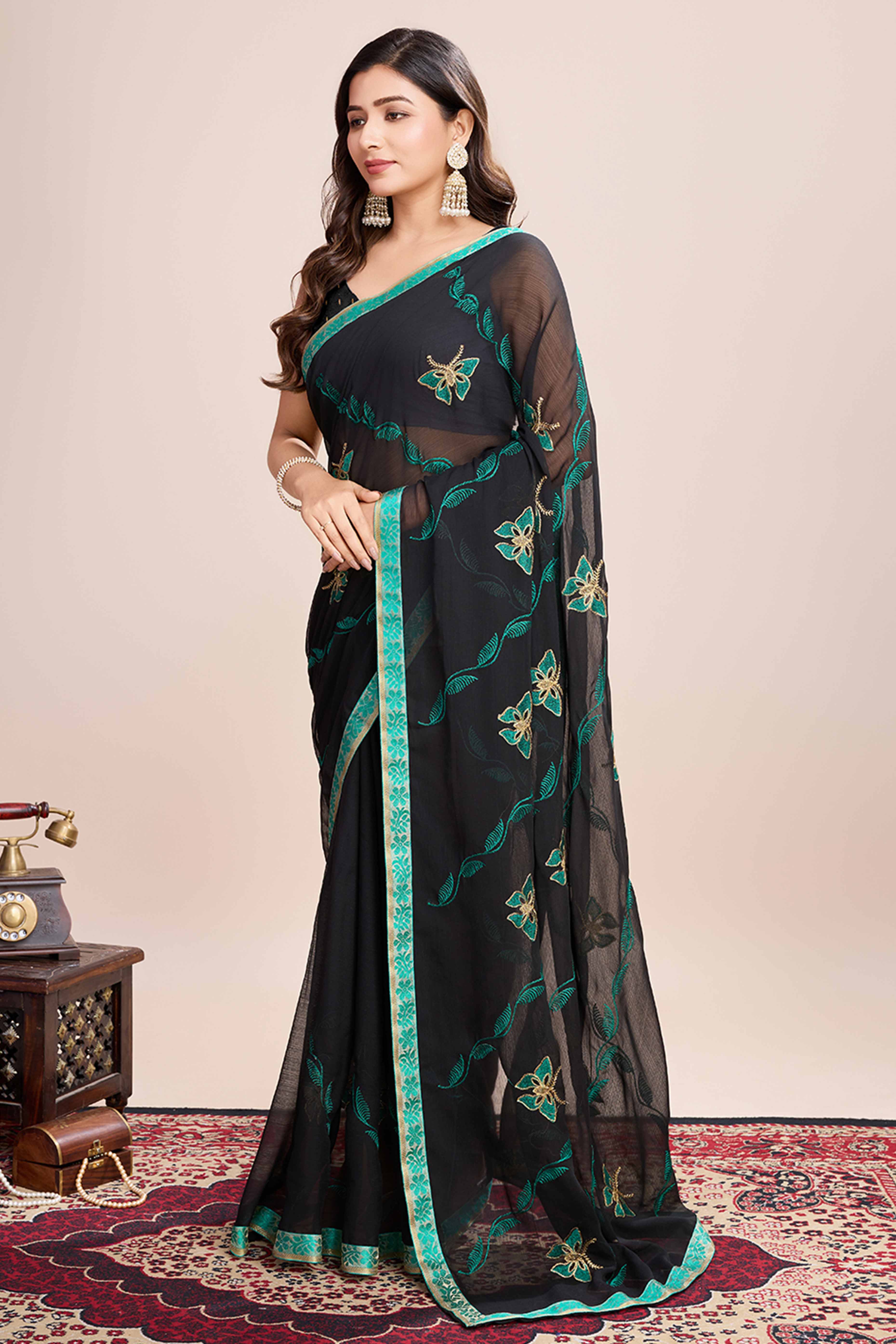 Black Floral Embroidered Georgette Saree
