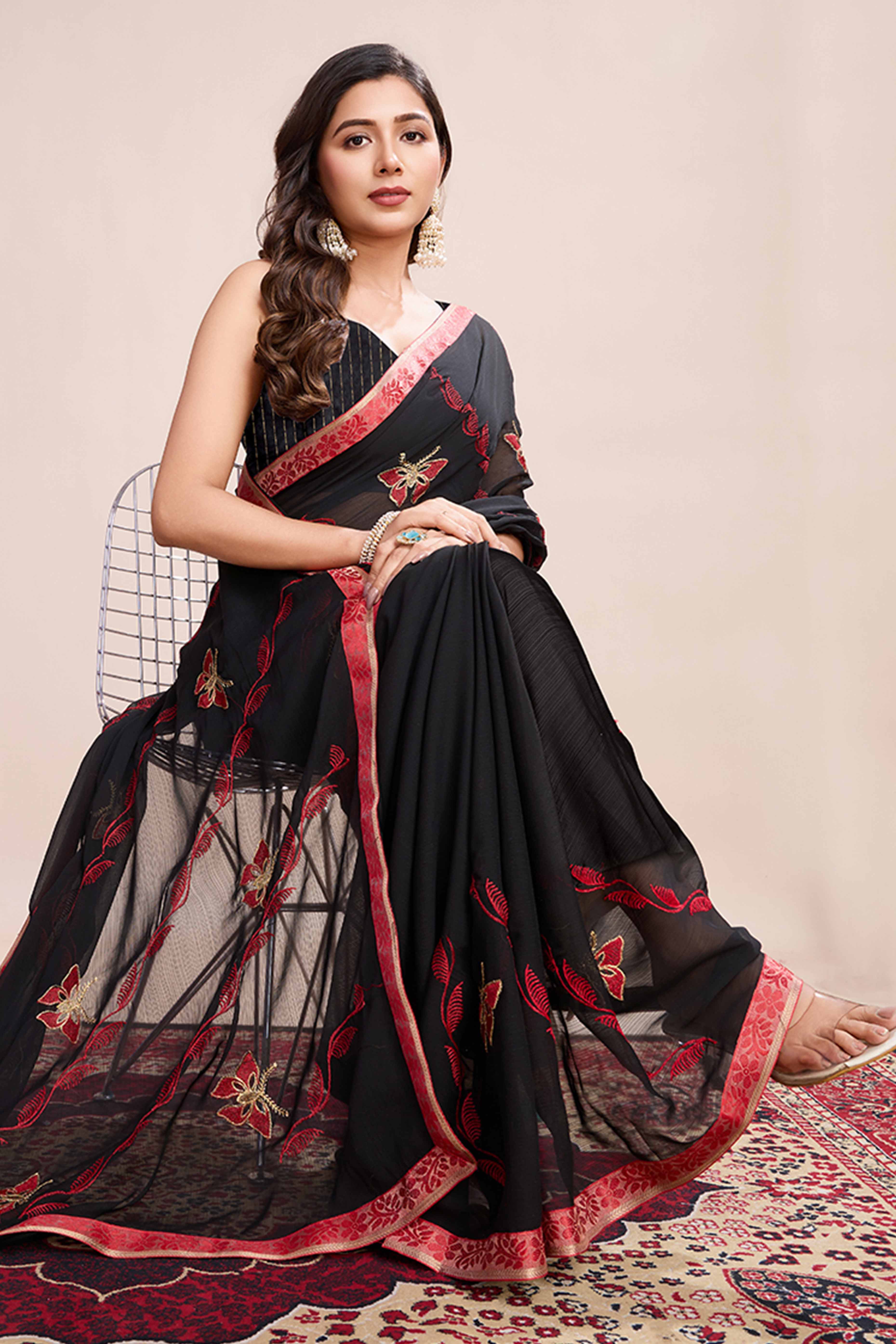 Black Floral Embroidered Georgette Saree