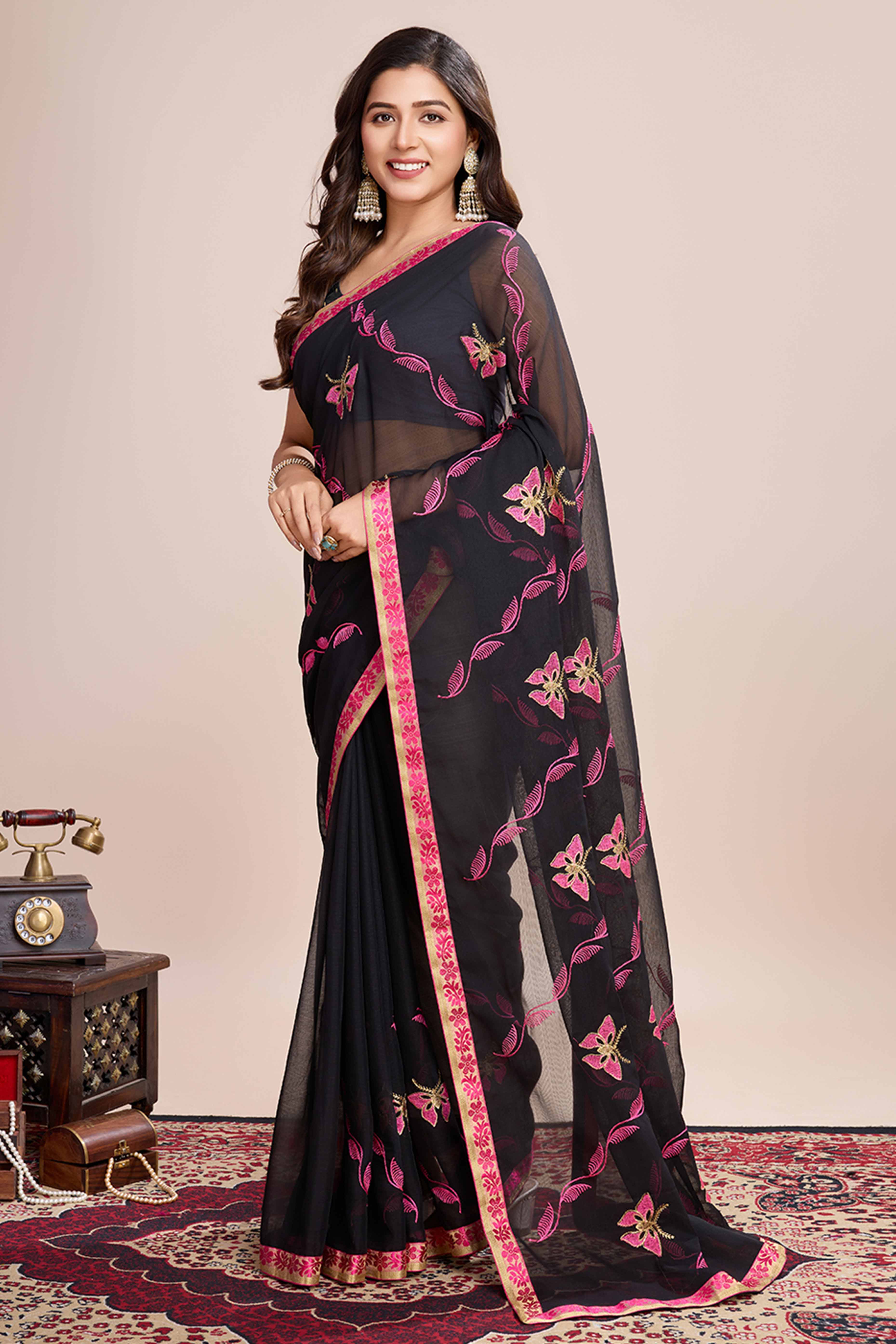 Black Floral Embroidered Georgette Saree