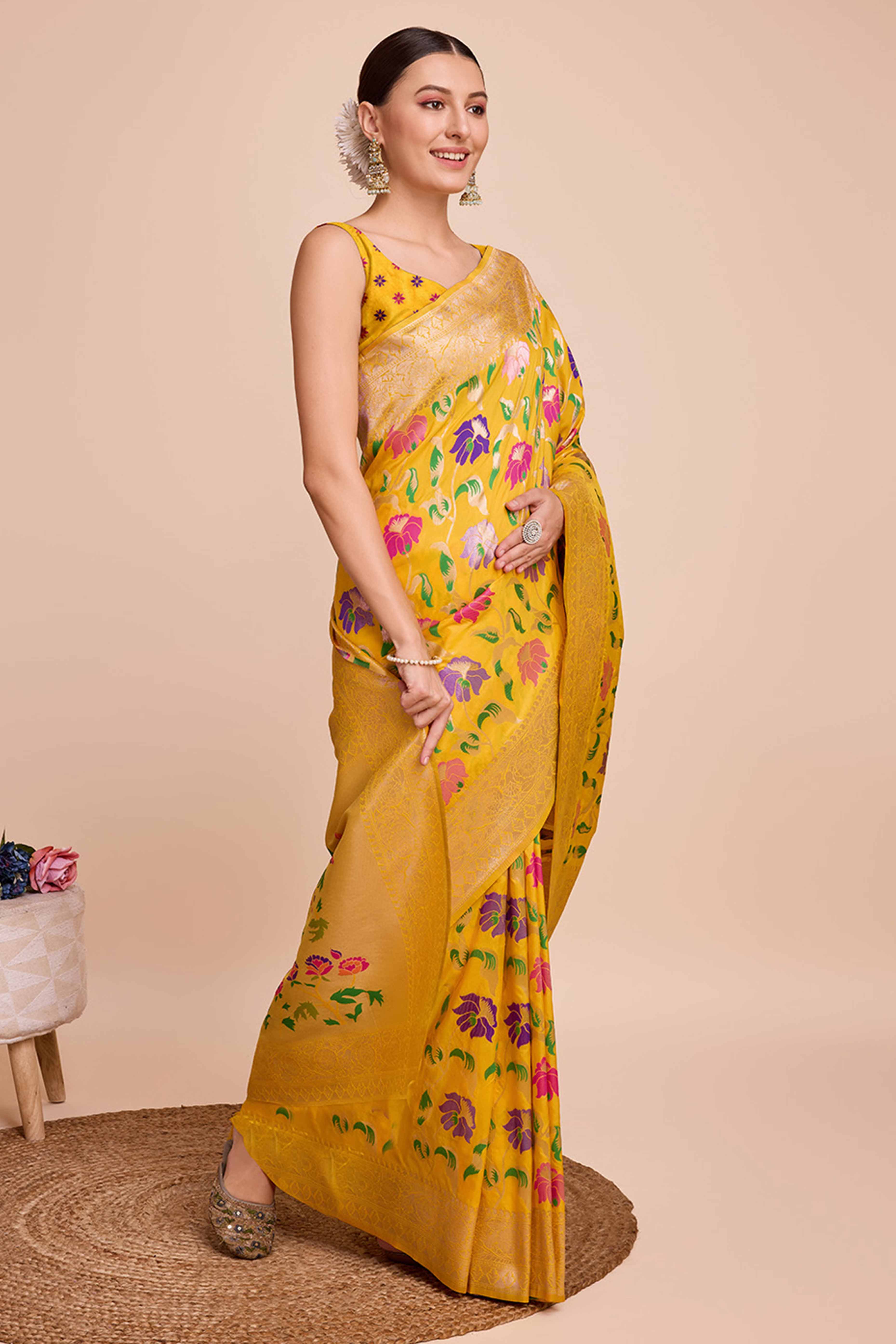 Mustard Floral Zari Weaving Pure Silk Paithani Saree