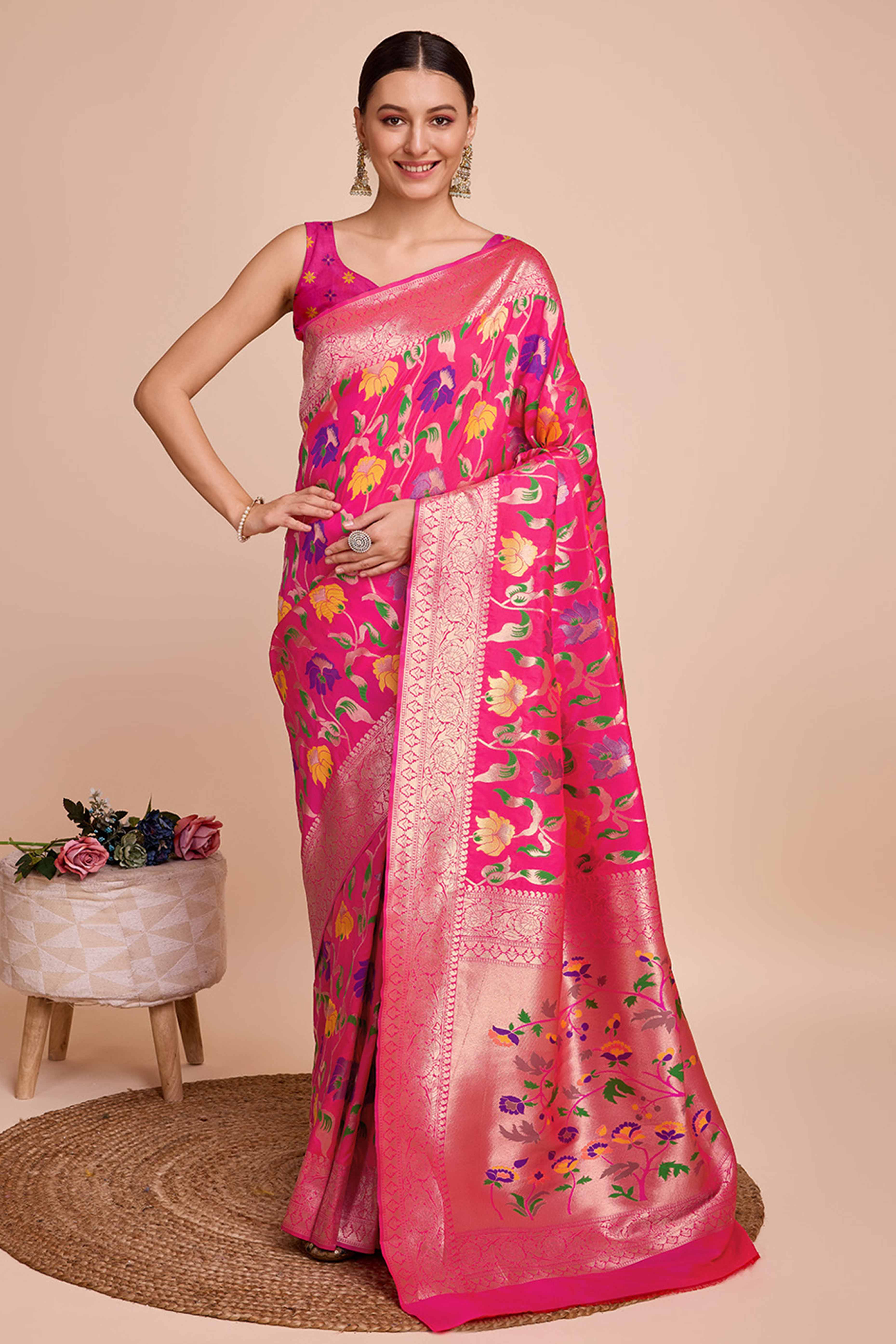 Pink Floral Zari Weaving Pure Silk Paithani Saree