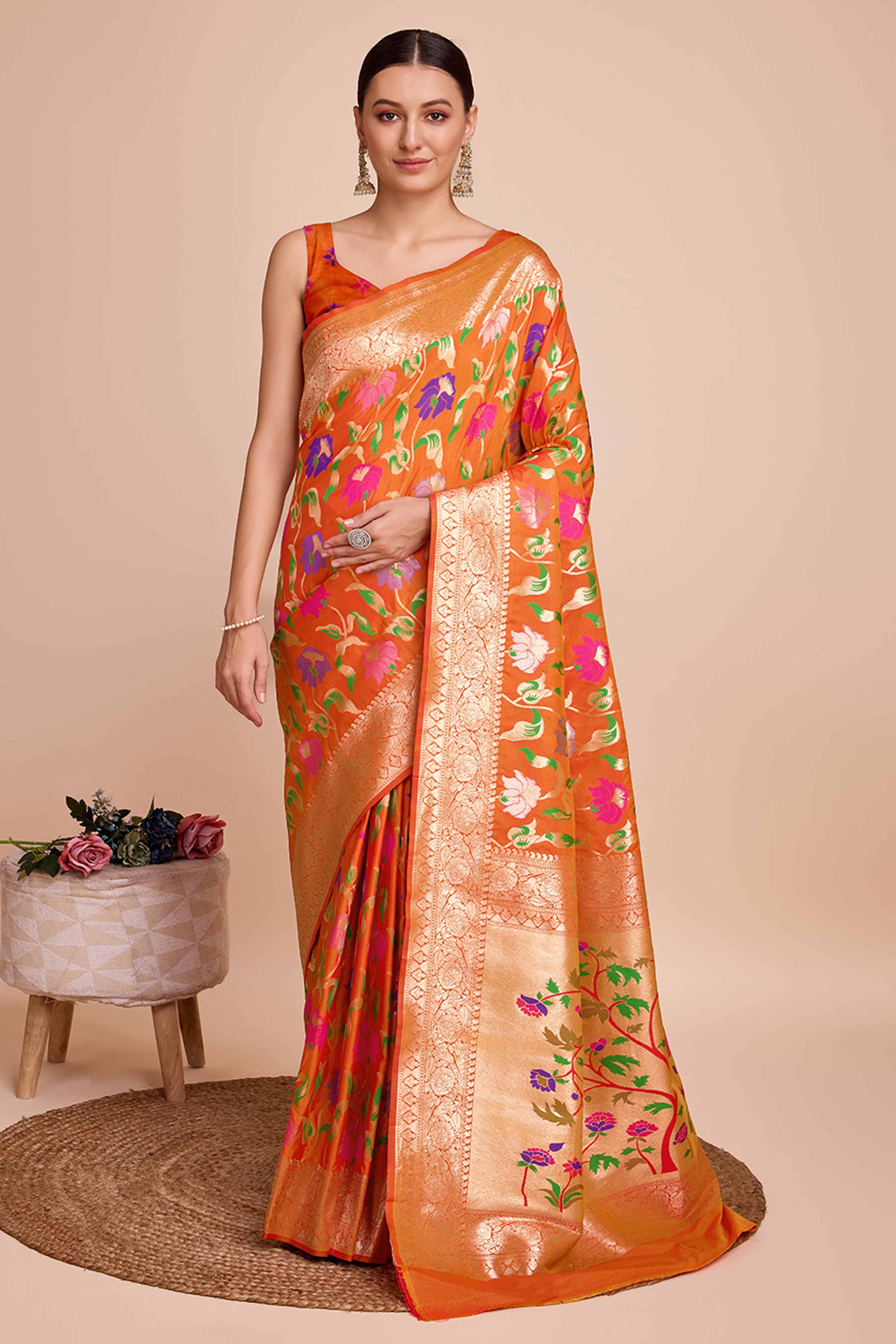 Orange Floral Zari Weaving Pure Silk Paithani Saree