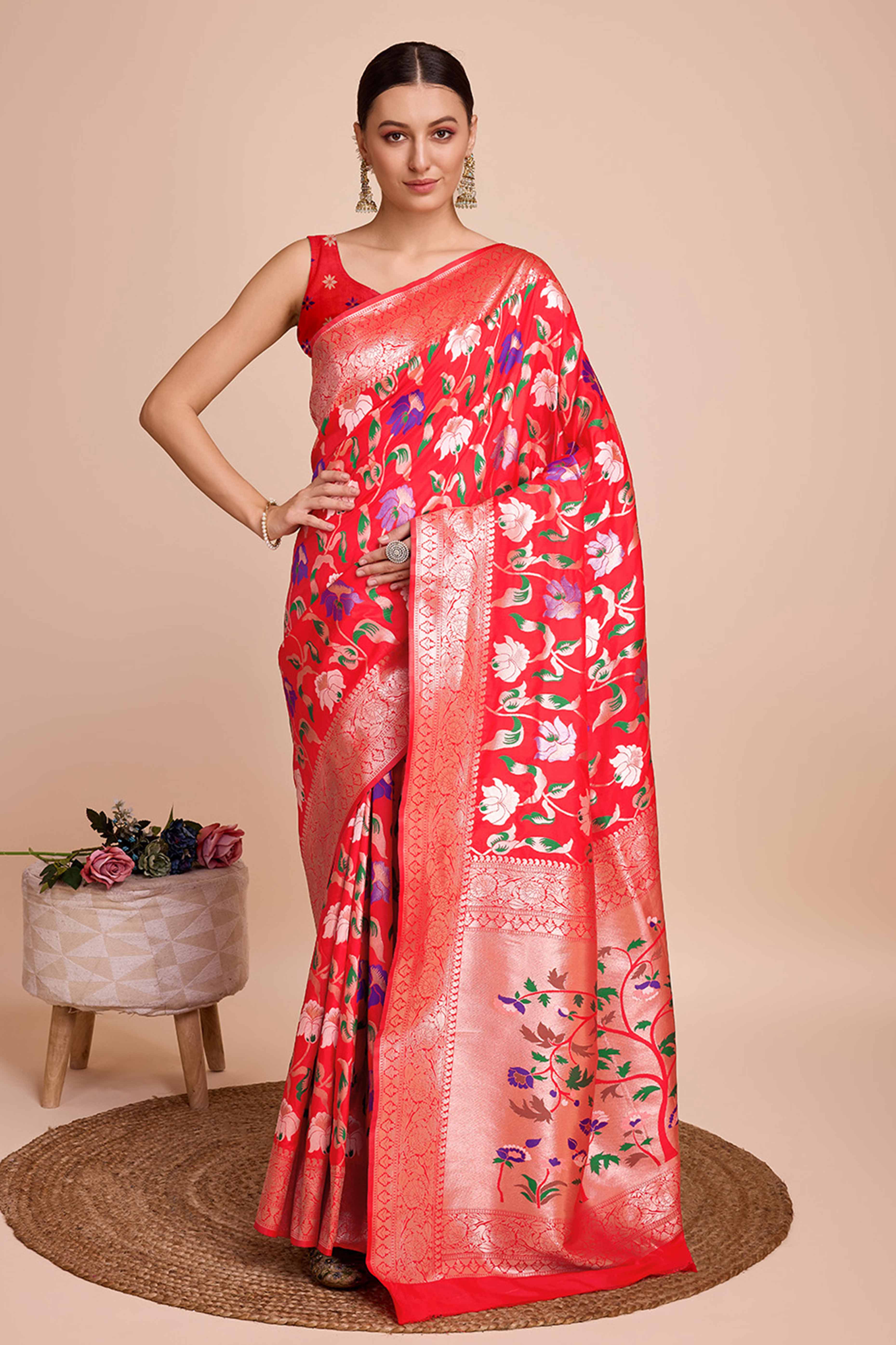 Red Floral Zari Weaving Pure Silk Paithani Saree