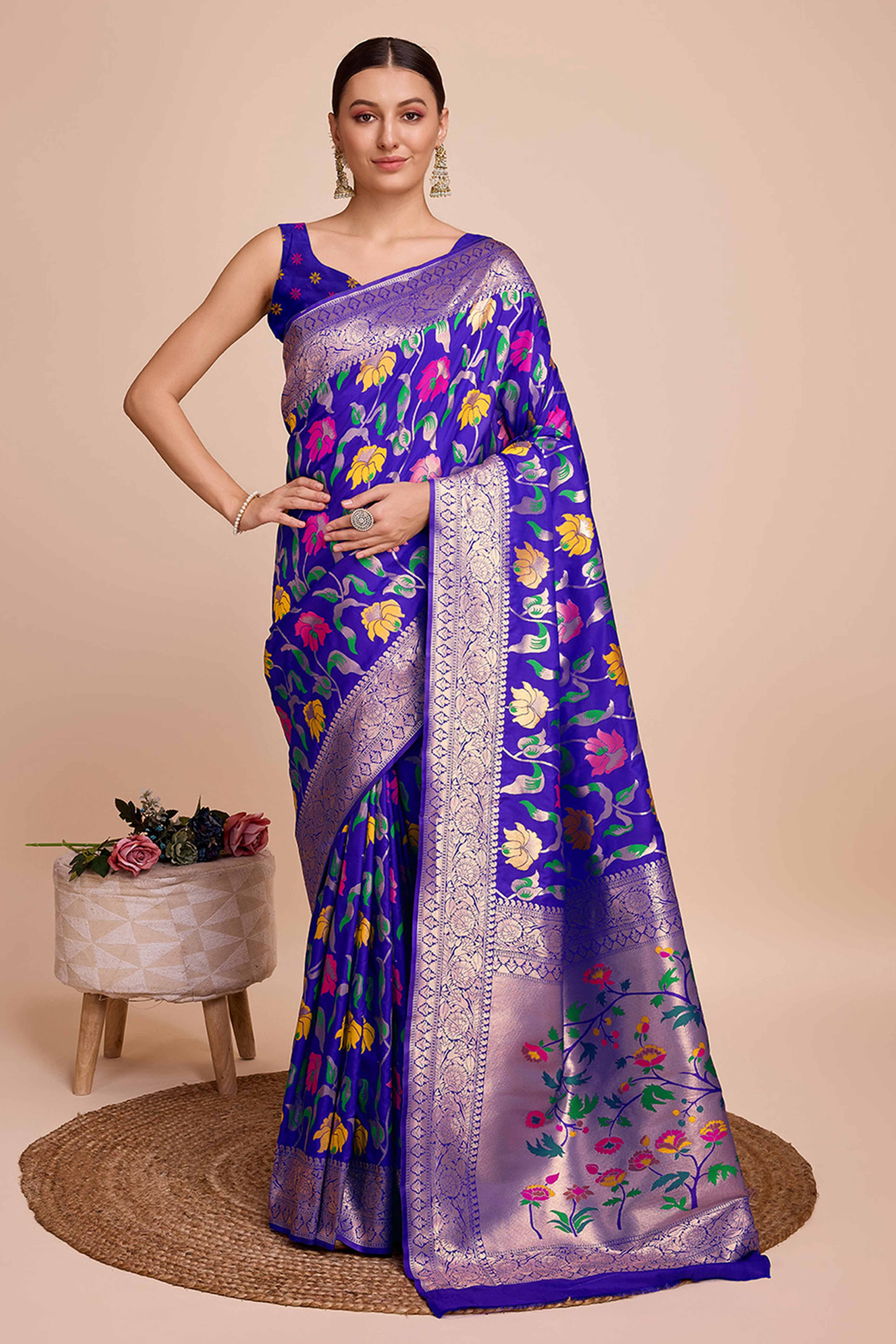 Purple Floral Zari Weaving Pure Silk Paithani Saree