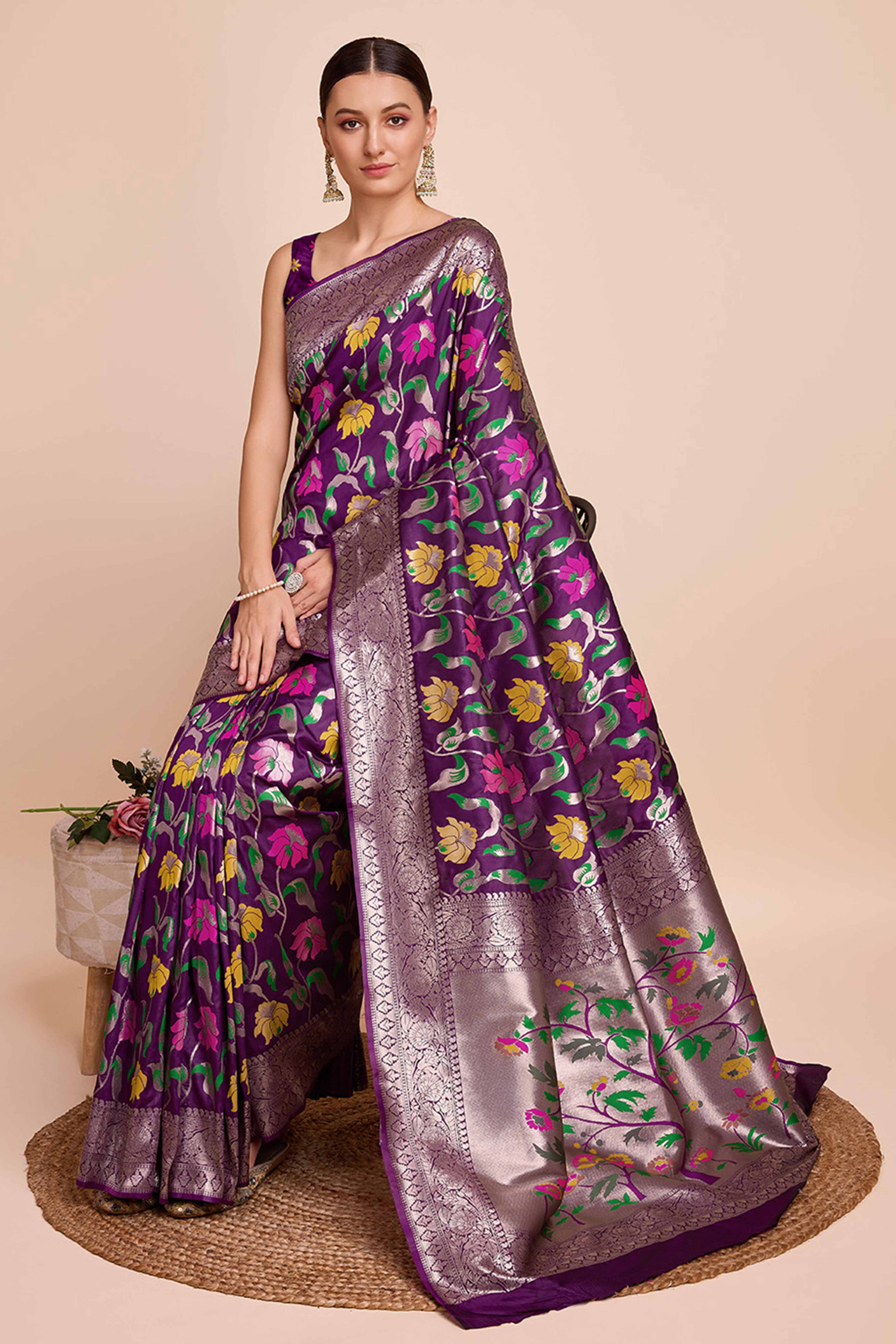 Wine Floral Zari Weaving Pure Silk Paithani Saree