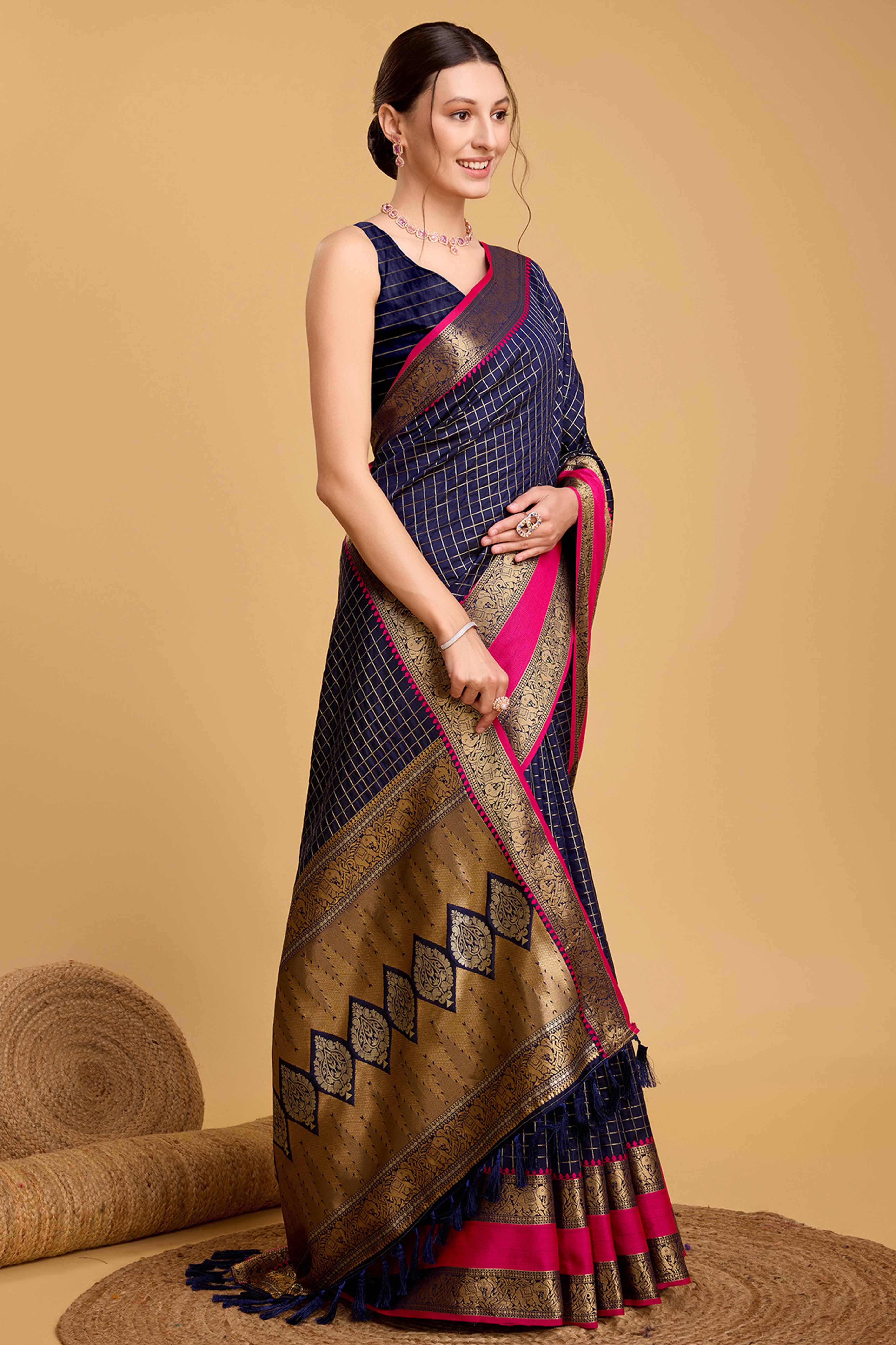 Navy Blue Zari Weaving Banarasi Silk Saree