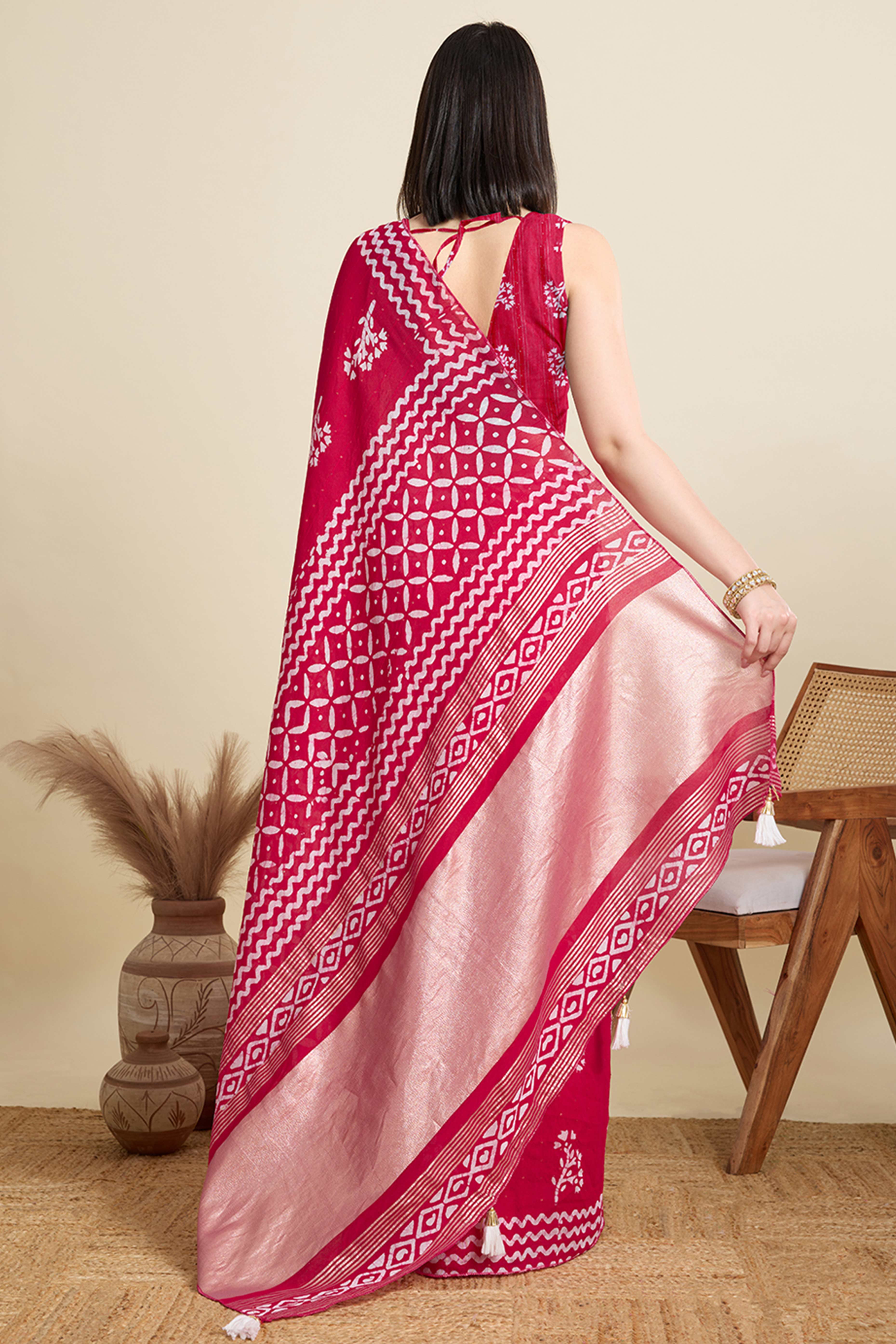 Pink Cotton Blend Saree Featuring Floral Prints and Elegant Sequins Work Accents