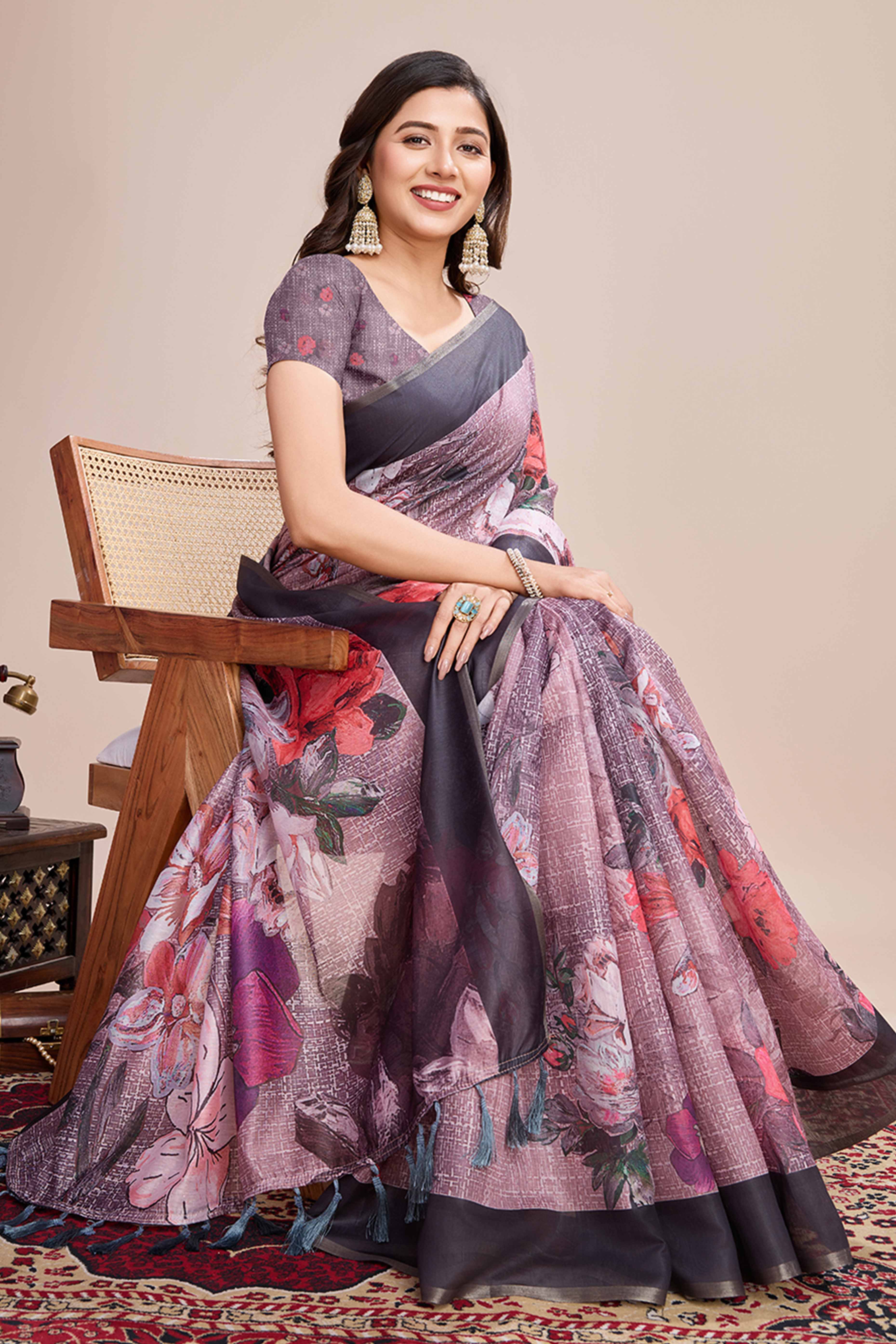 Dusky Purple Floral Printed Linen Saree