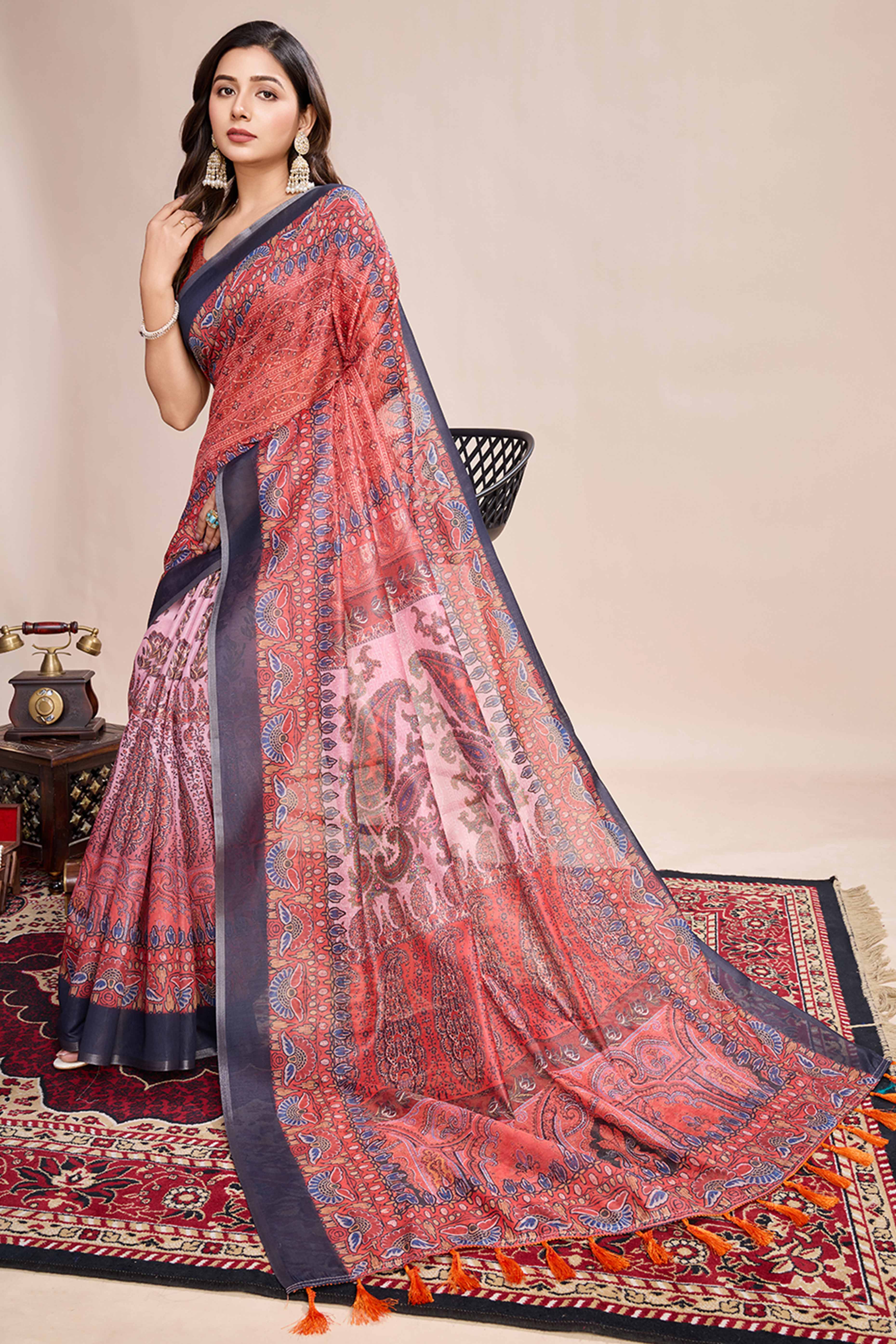 Red Floral Printed Linen Saree