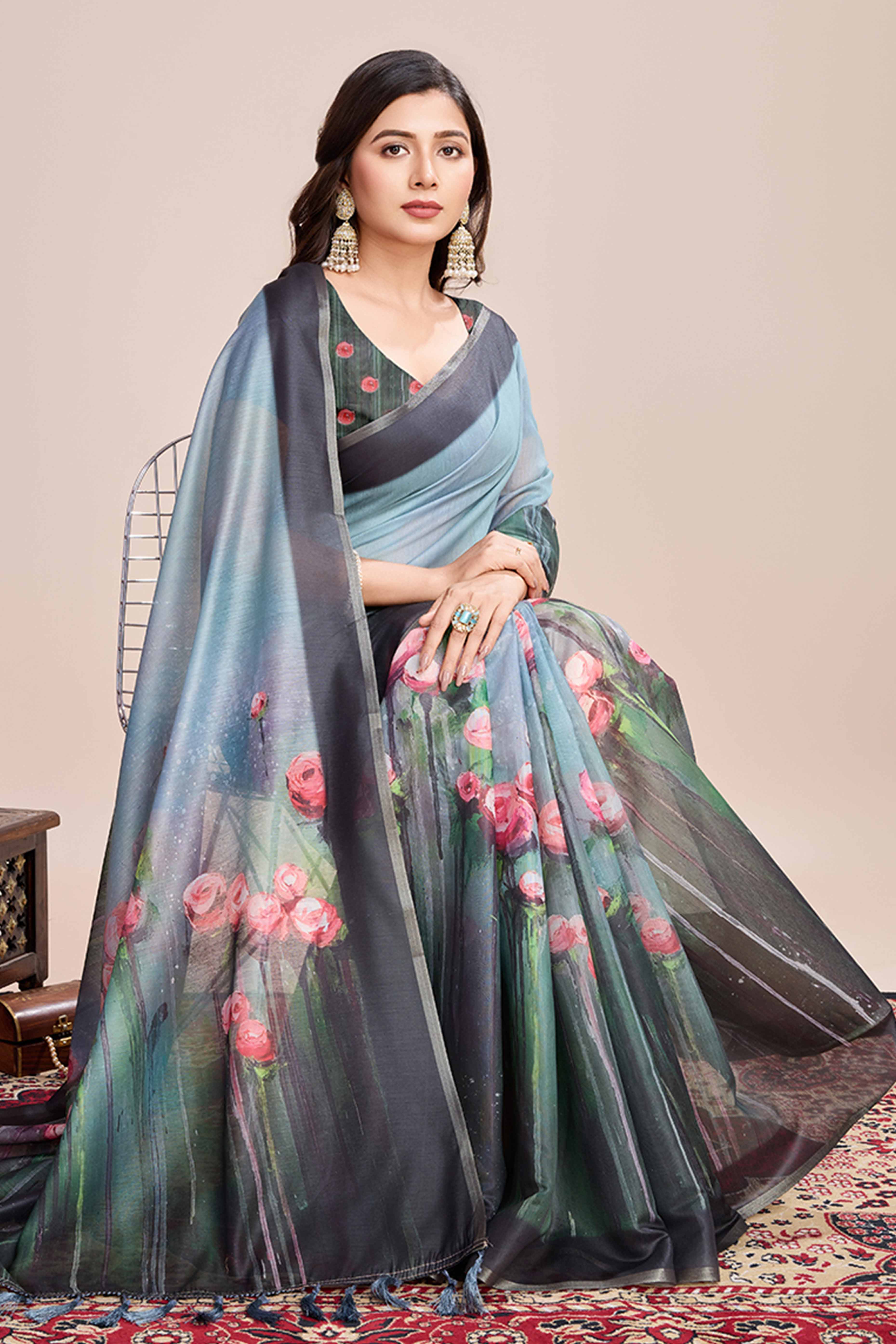 Sky Blue Floral Printed Linen Saree