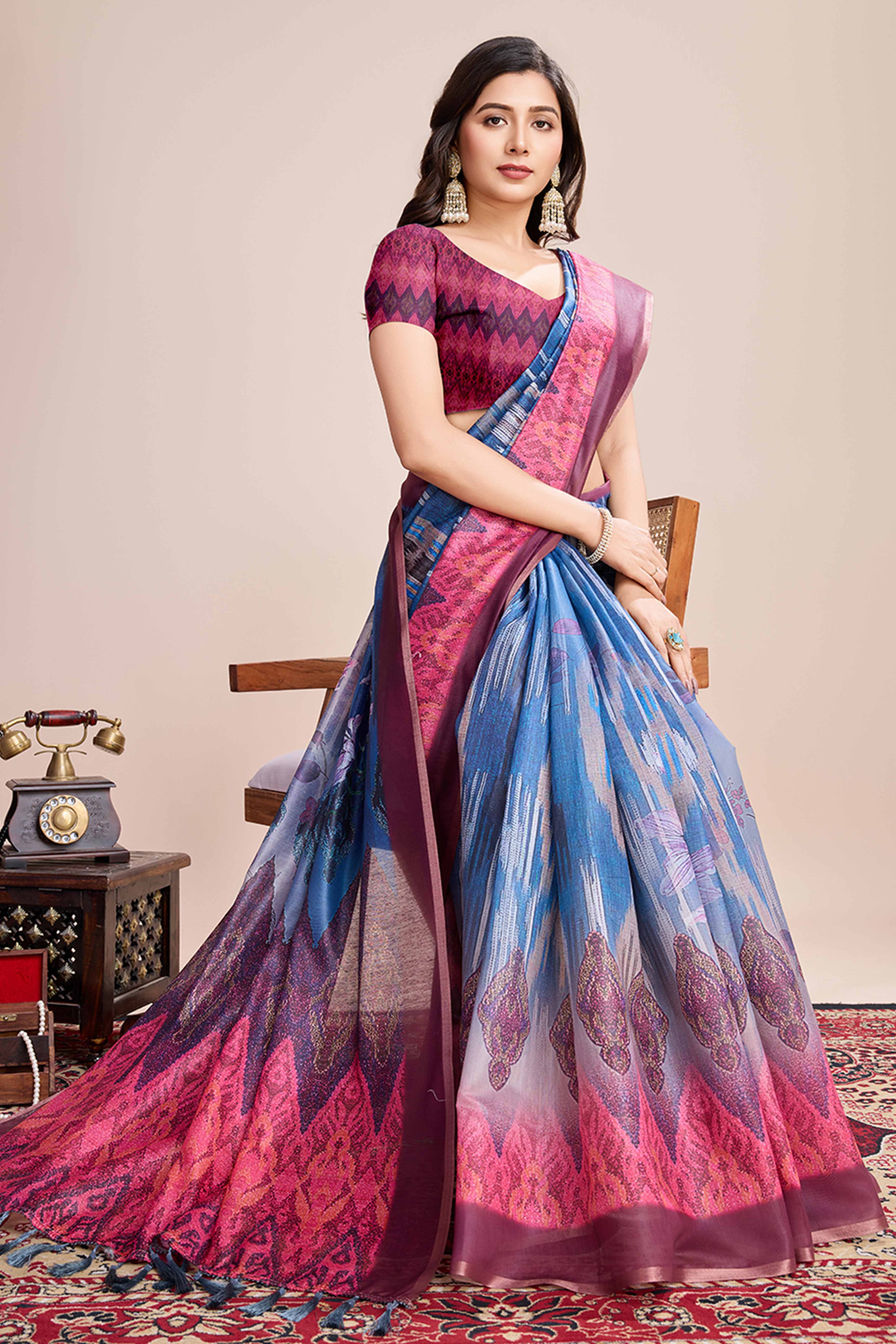 Blue Floral Printed Linen Saree