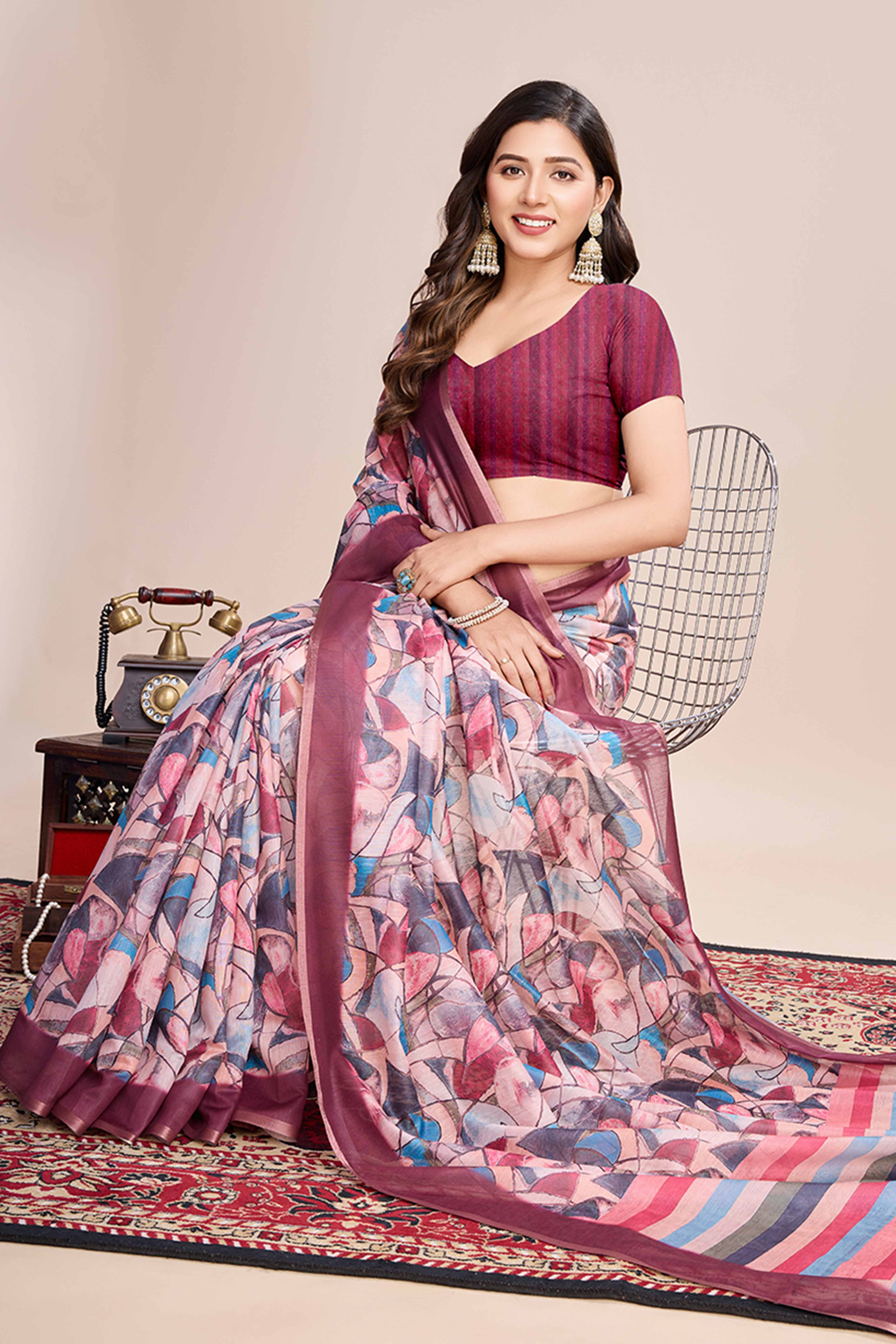 Multicolor Floral Printed Linen Saree