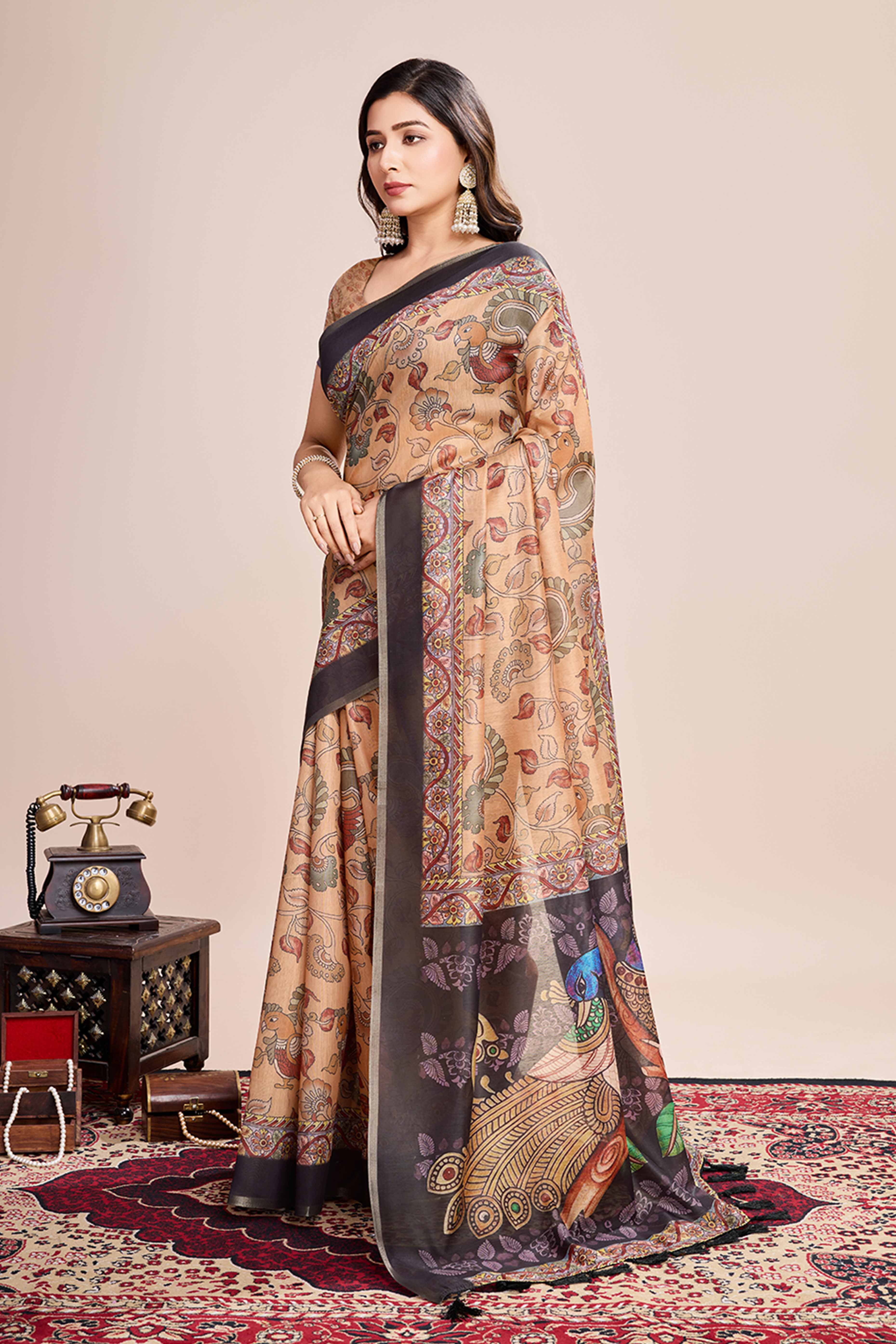 Beige Floral Printed Linen Saree