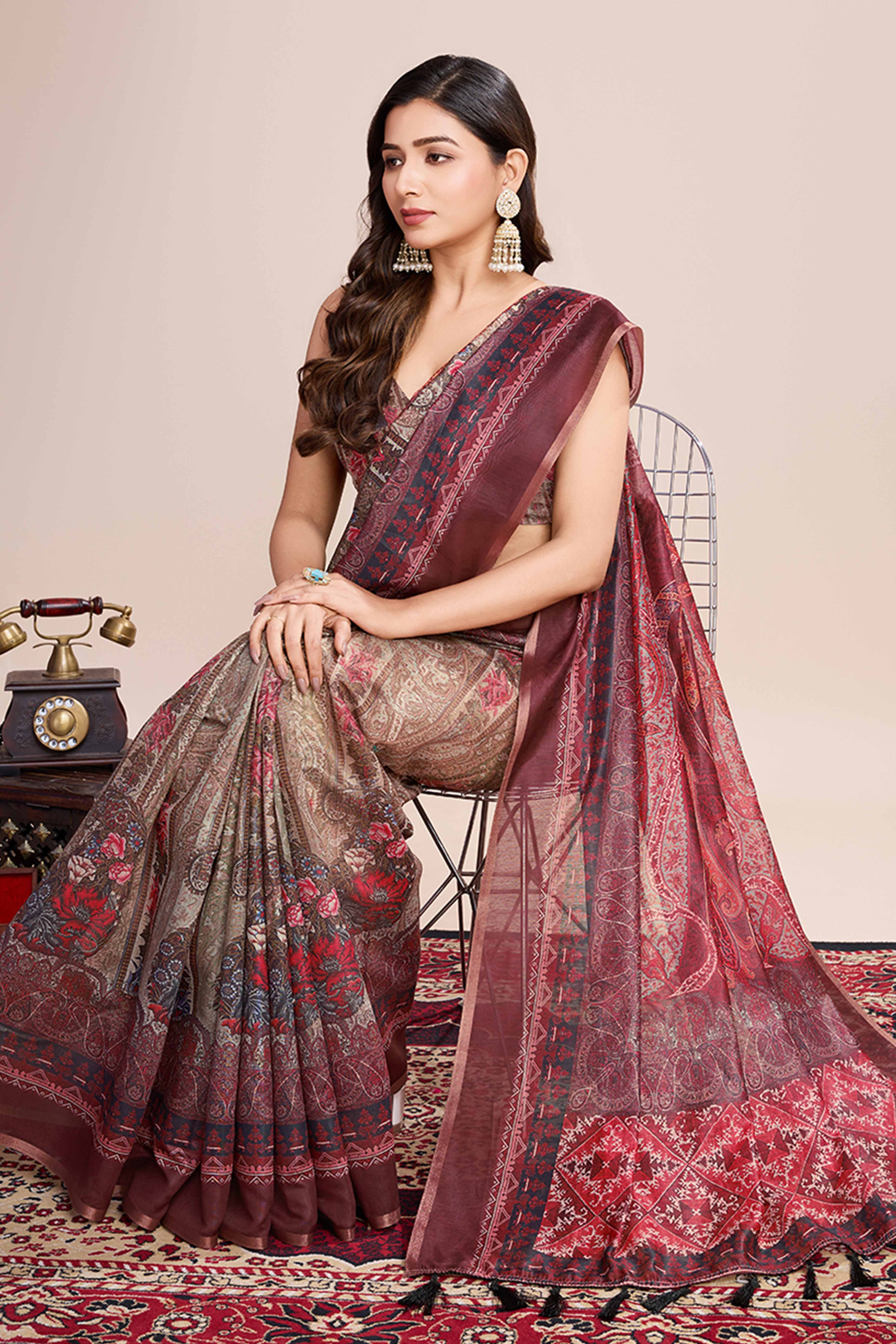 Wine Floral Printed Linen Saree