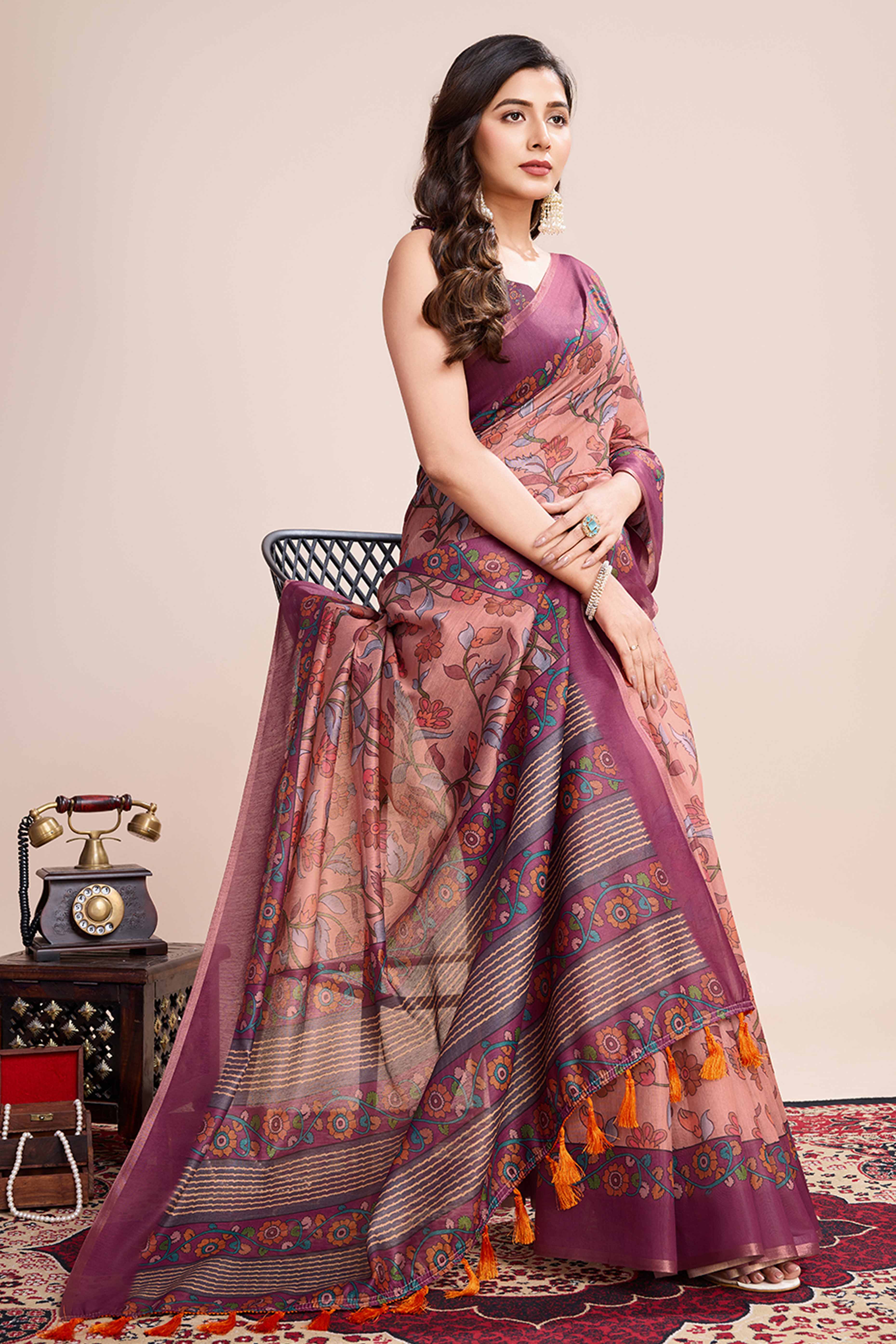 Beige Floral Printed Linen Saree