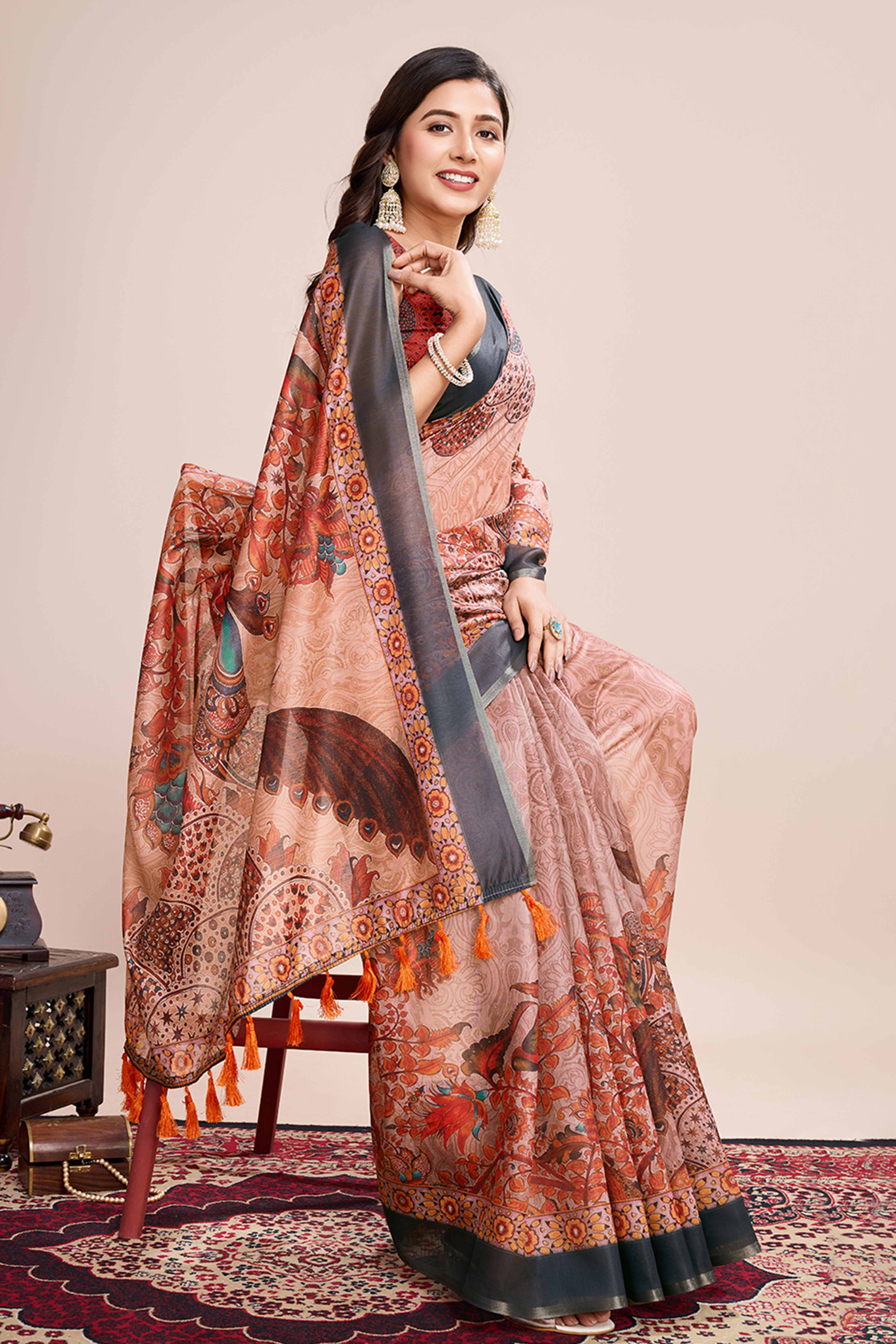 Beige Floral Printed Linen Saree