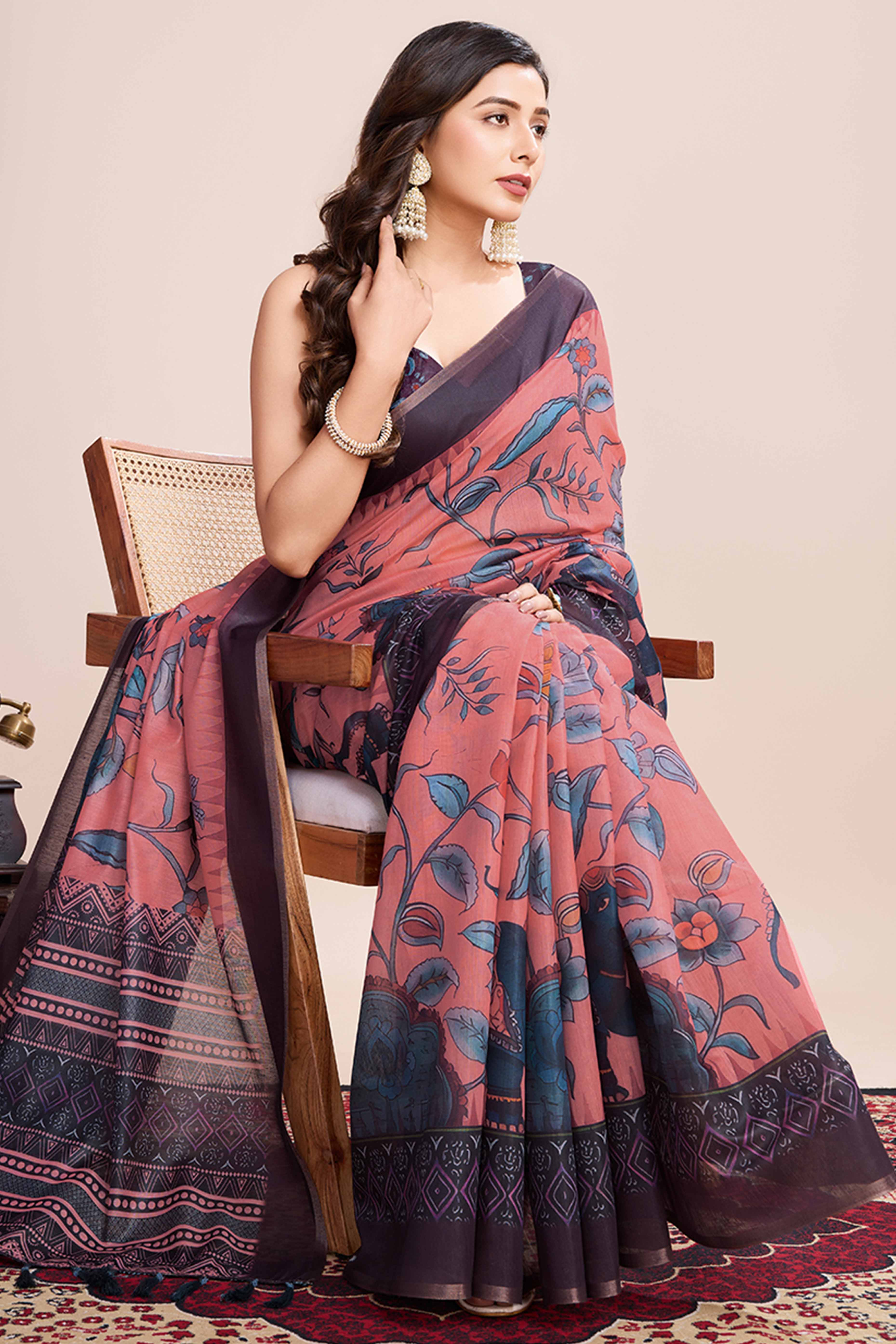 Peach Floral Printed Linen Saree