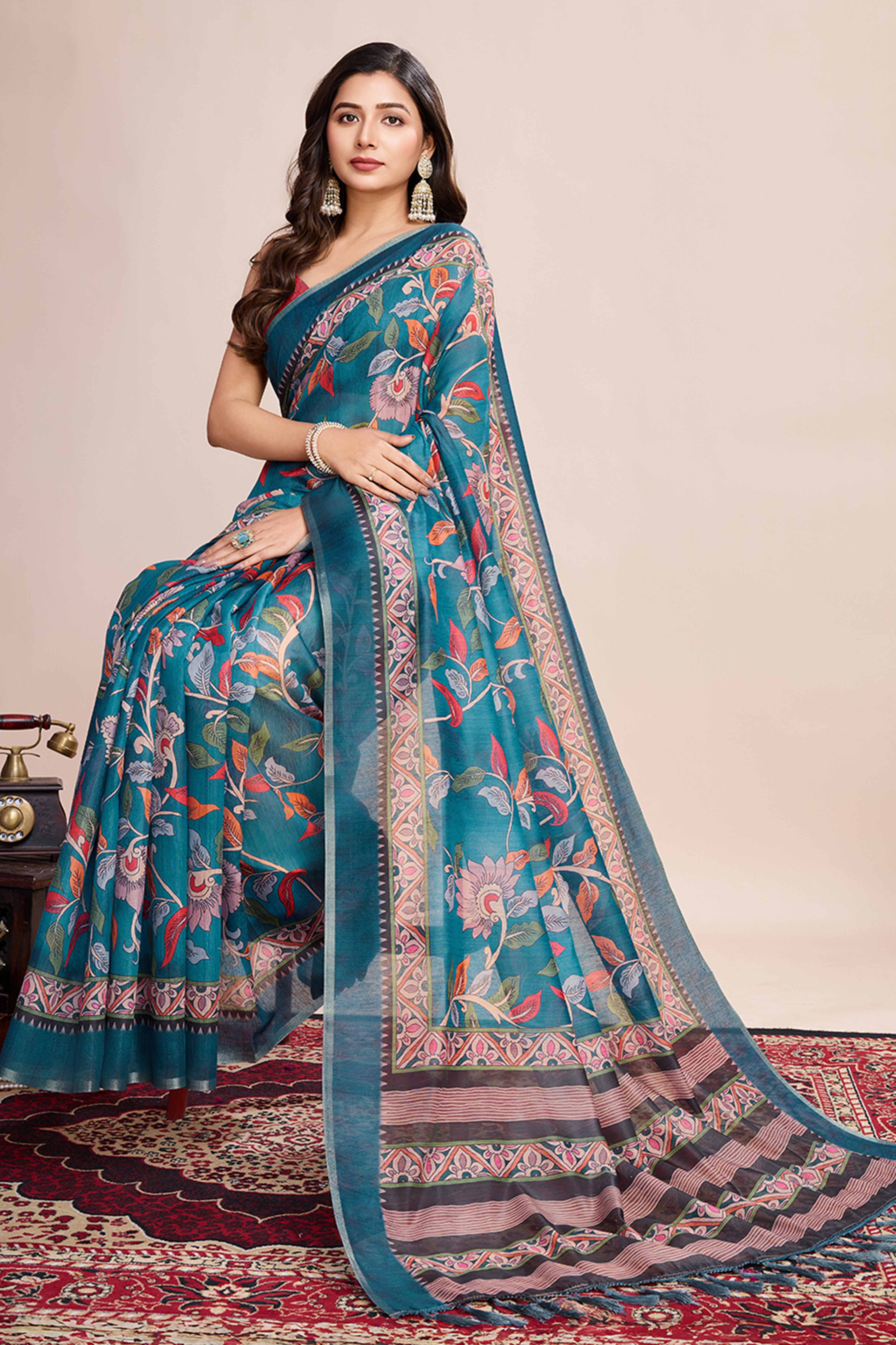 Rama Blue Floral Printed Linen Saree