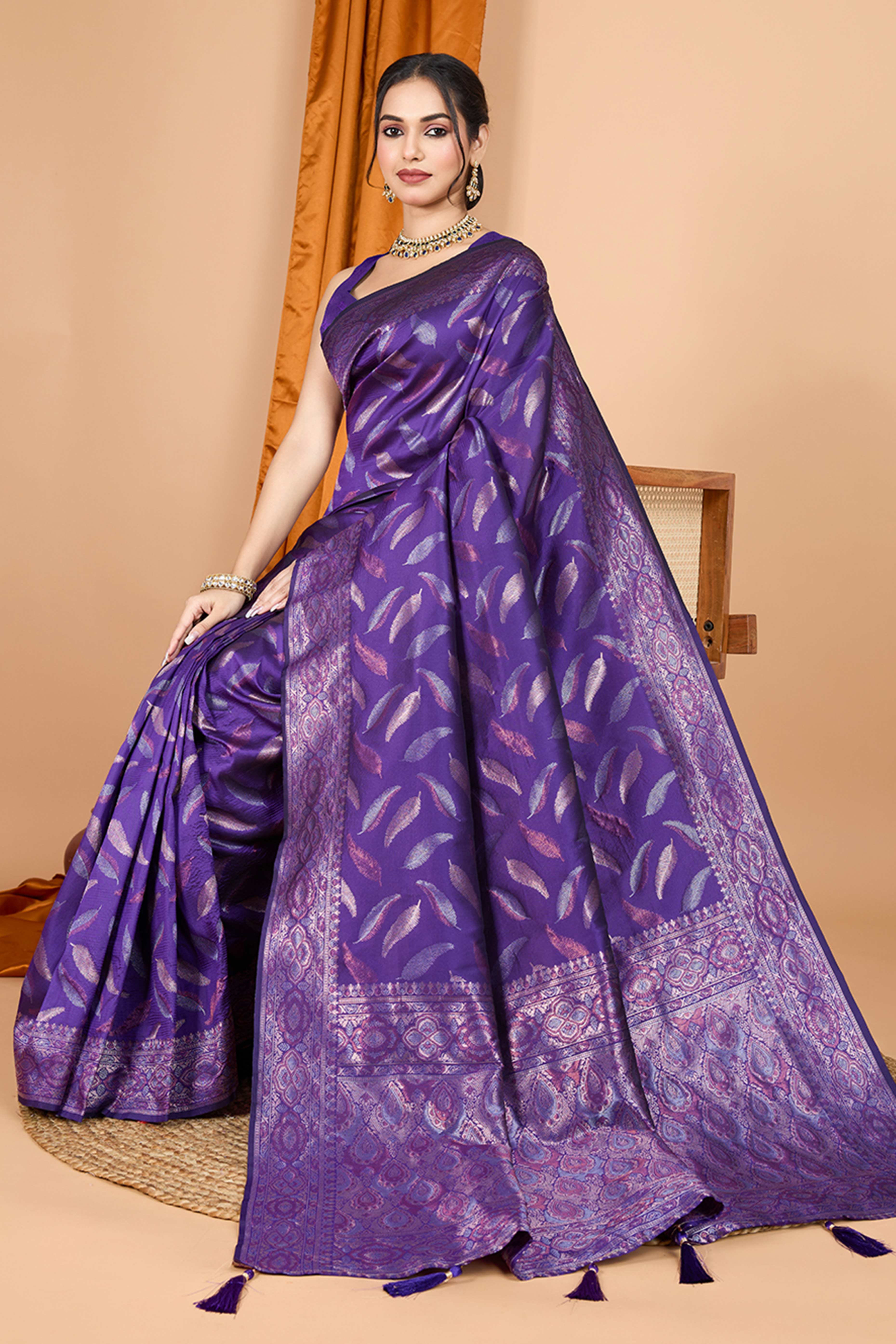 Violet Pure Silk Saree With Intricate Leaf Pattern Zari Weaving & Graceful Tassels