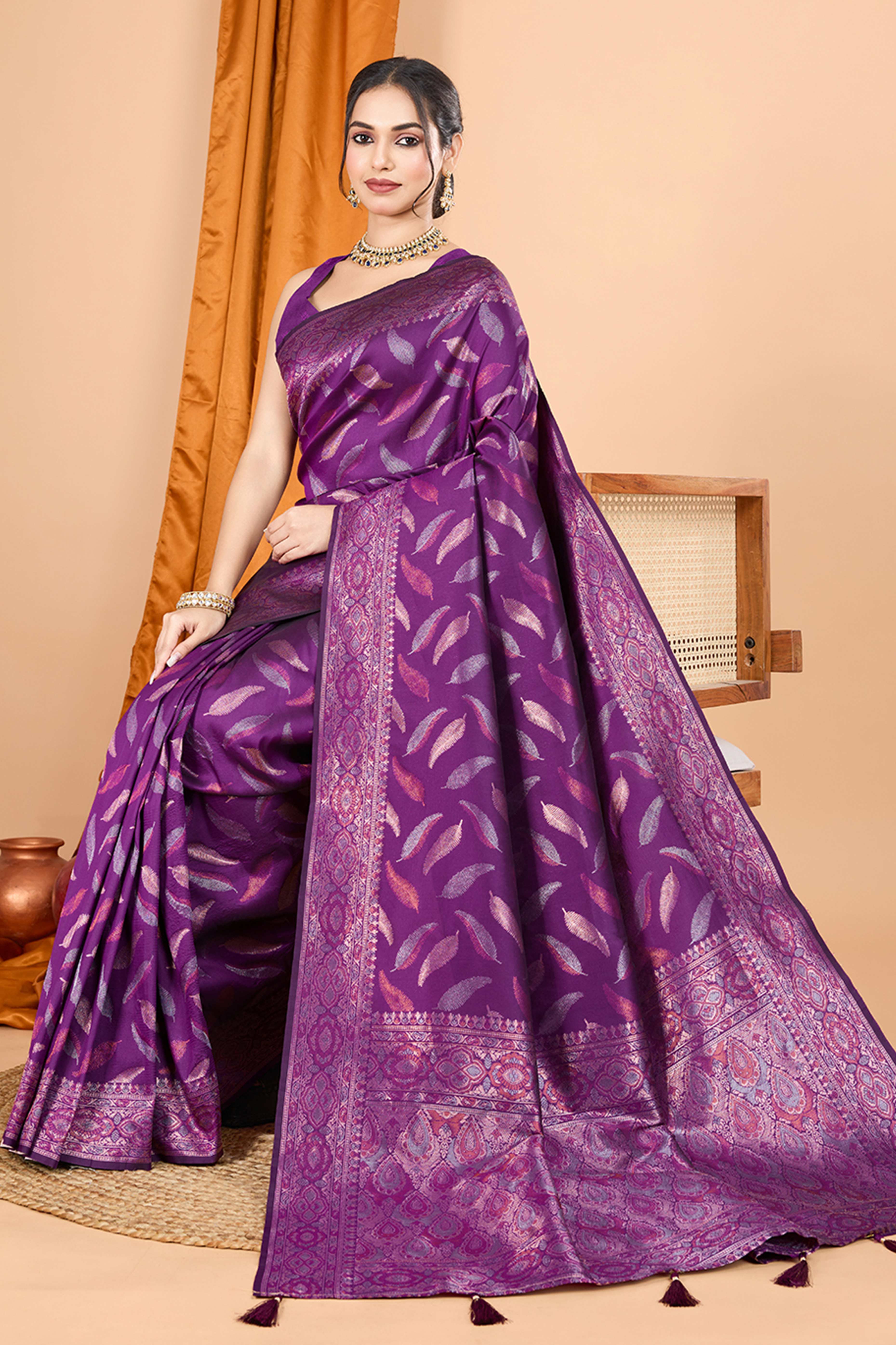 Purple Pure Silk Saree With Intricate Leaf Pattern Zari Weaving & Graceful Tassels