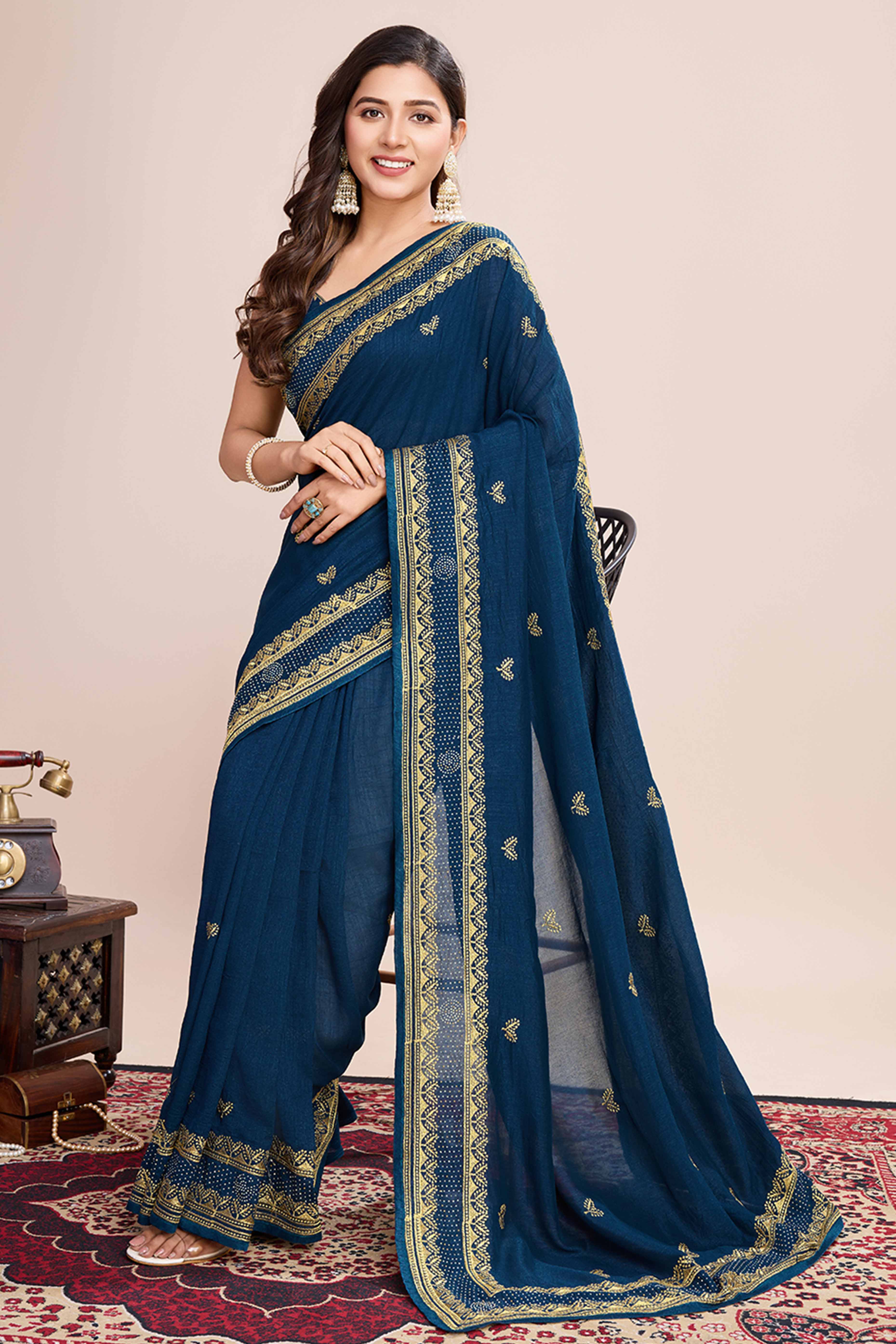 Teal Floral Embroidered Vichitra Silk Saree
