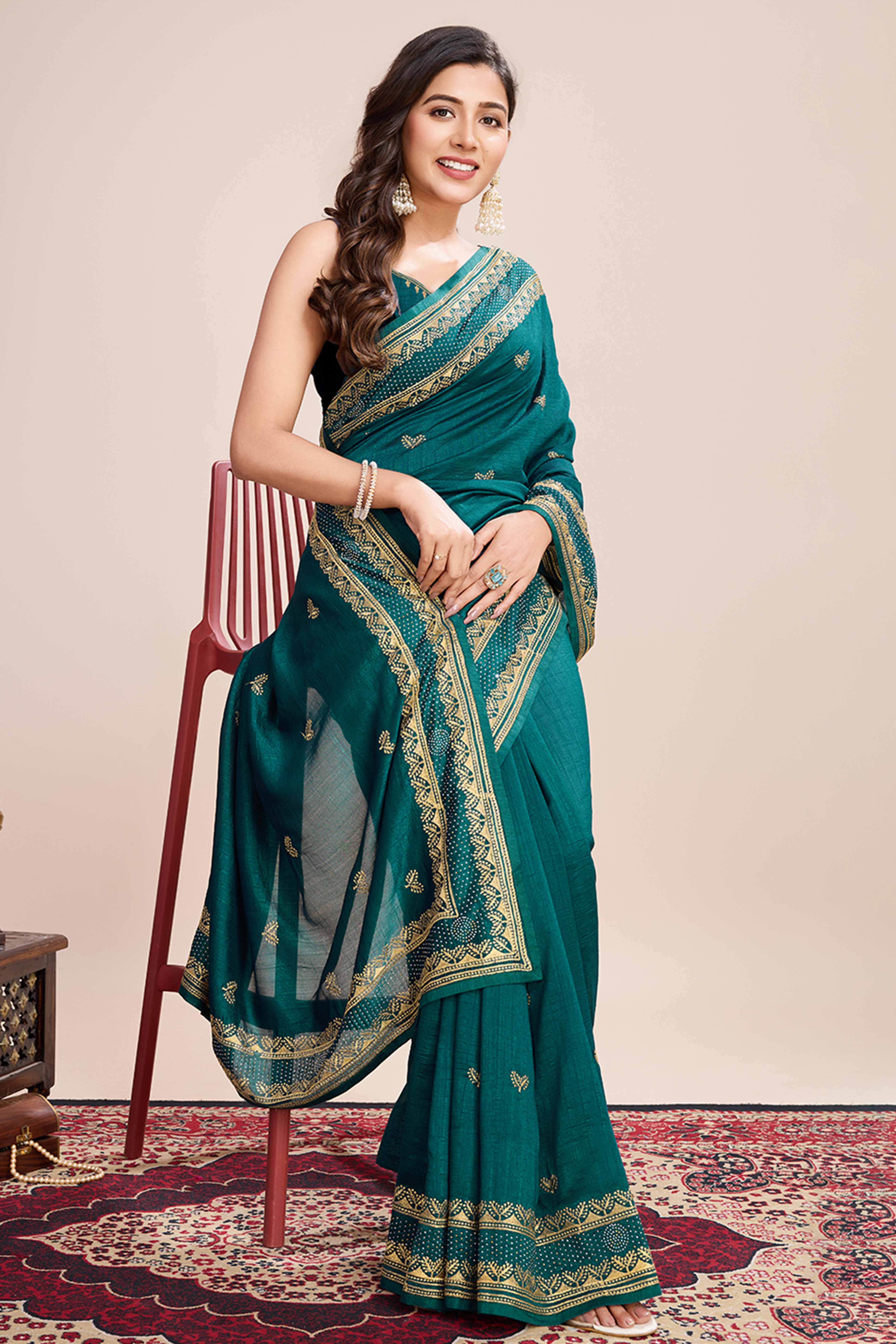 Green Floral Embroidered Vichitra Silk Saree