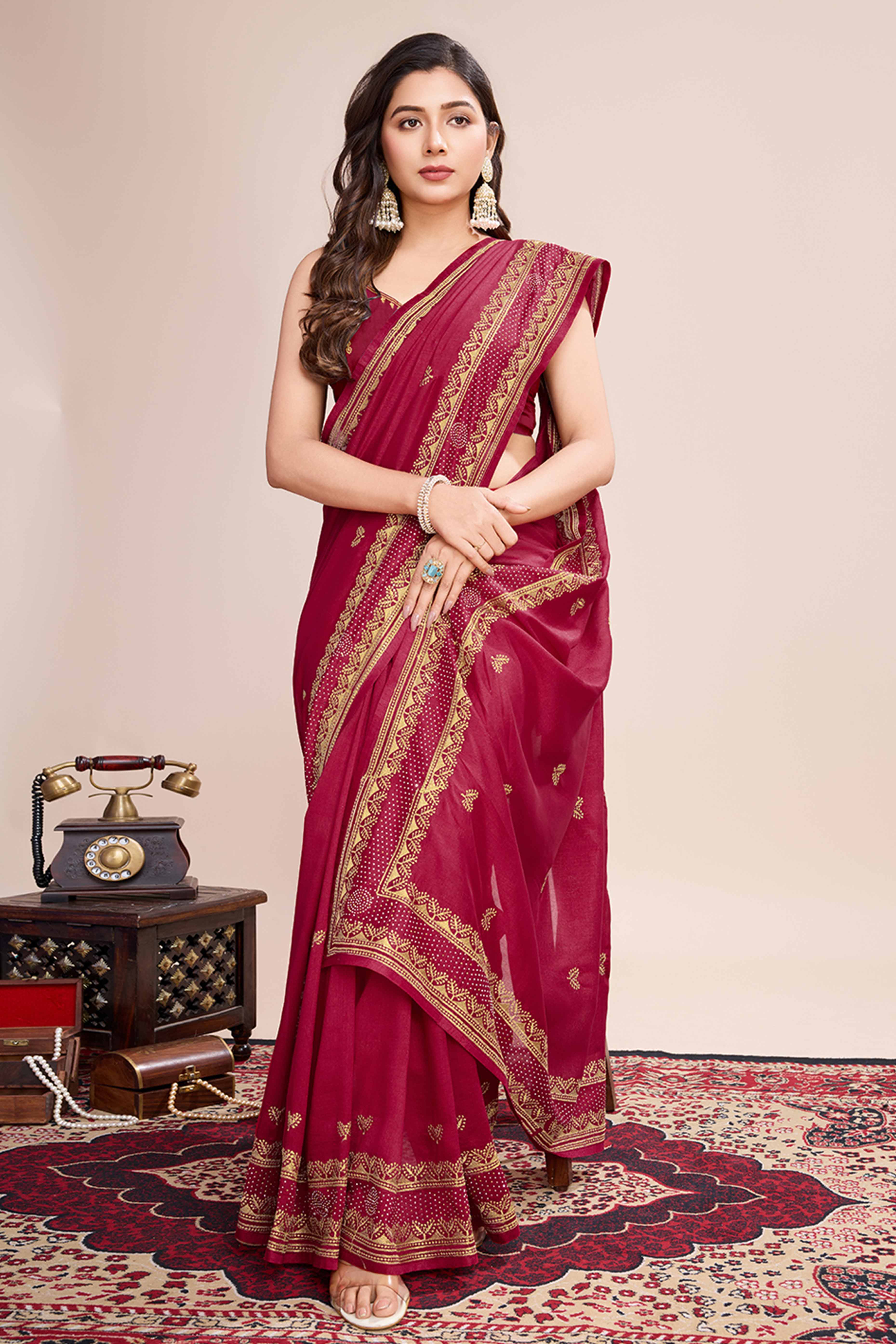 Red Floral Embroidered Vichitra Silk Saree