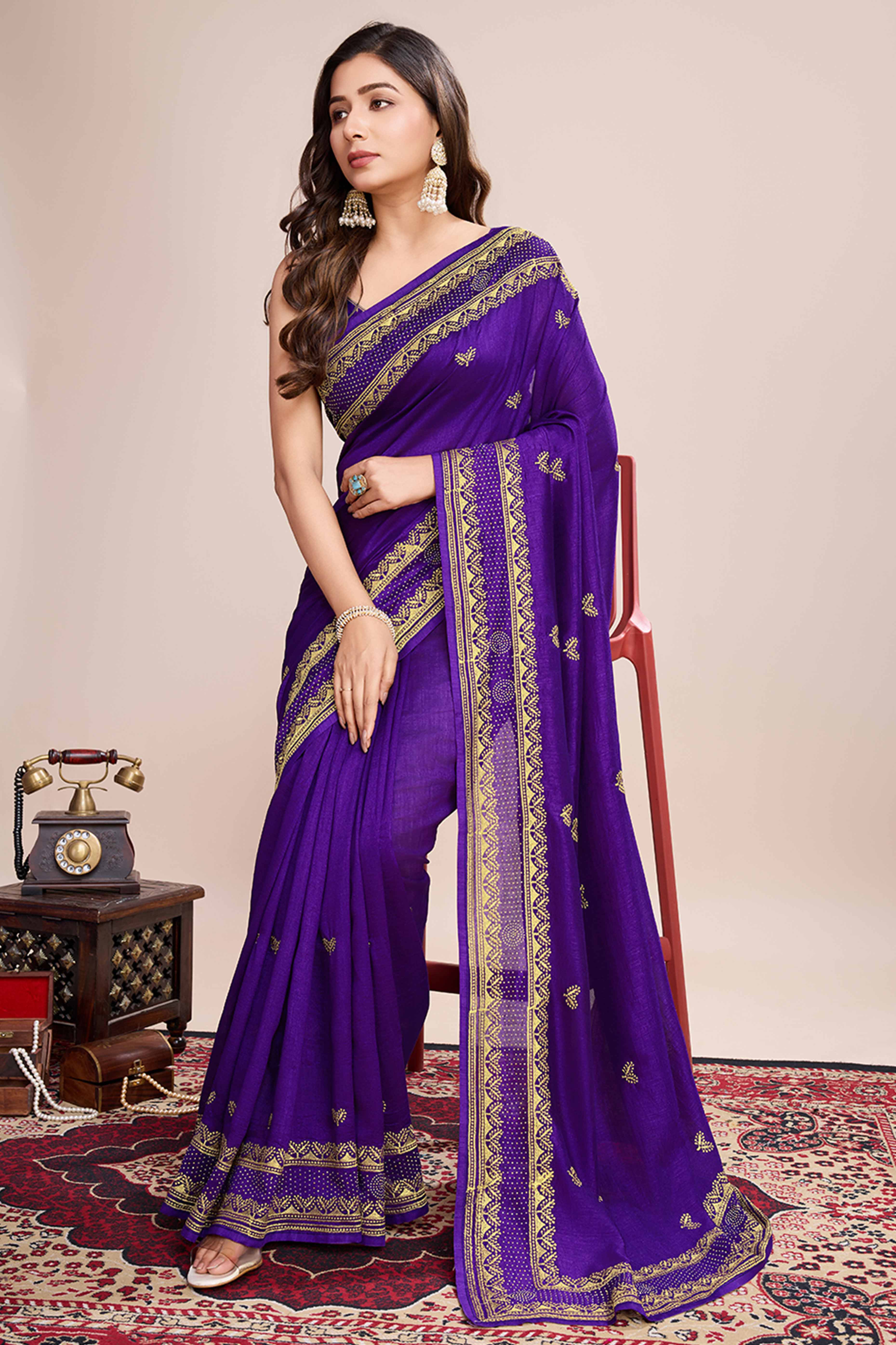 Purple Floral Embroidered Vichitra Silk Saree
