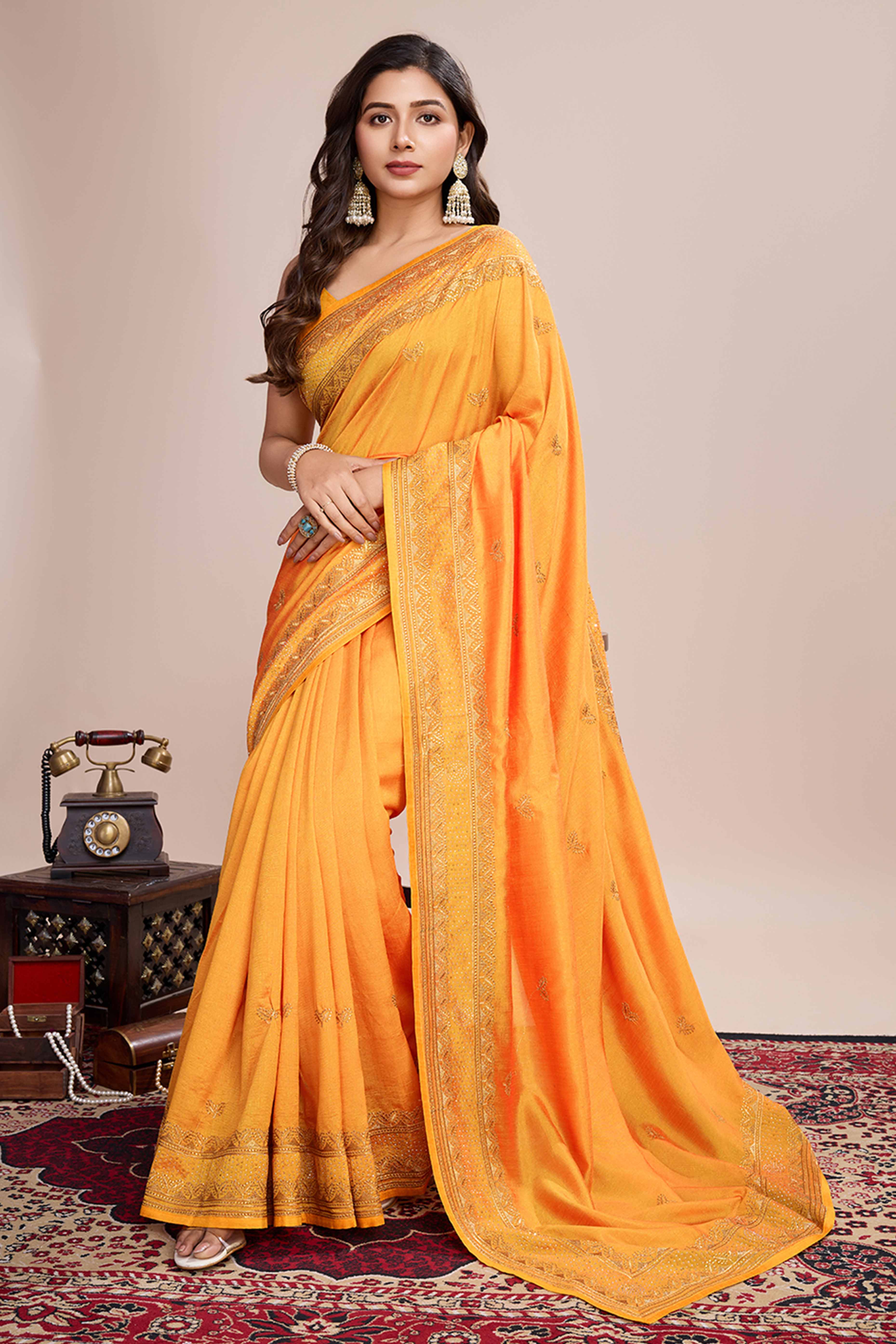 Yellow Floral Embroidered Vichitra Silk Saree