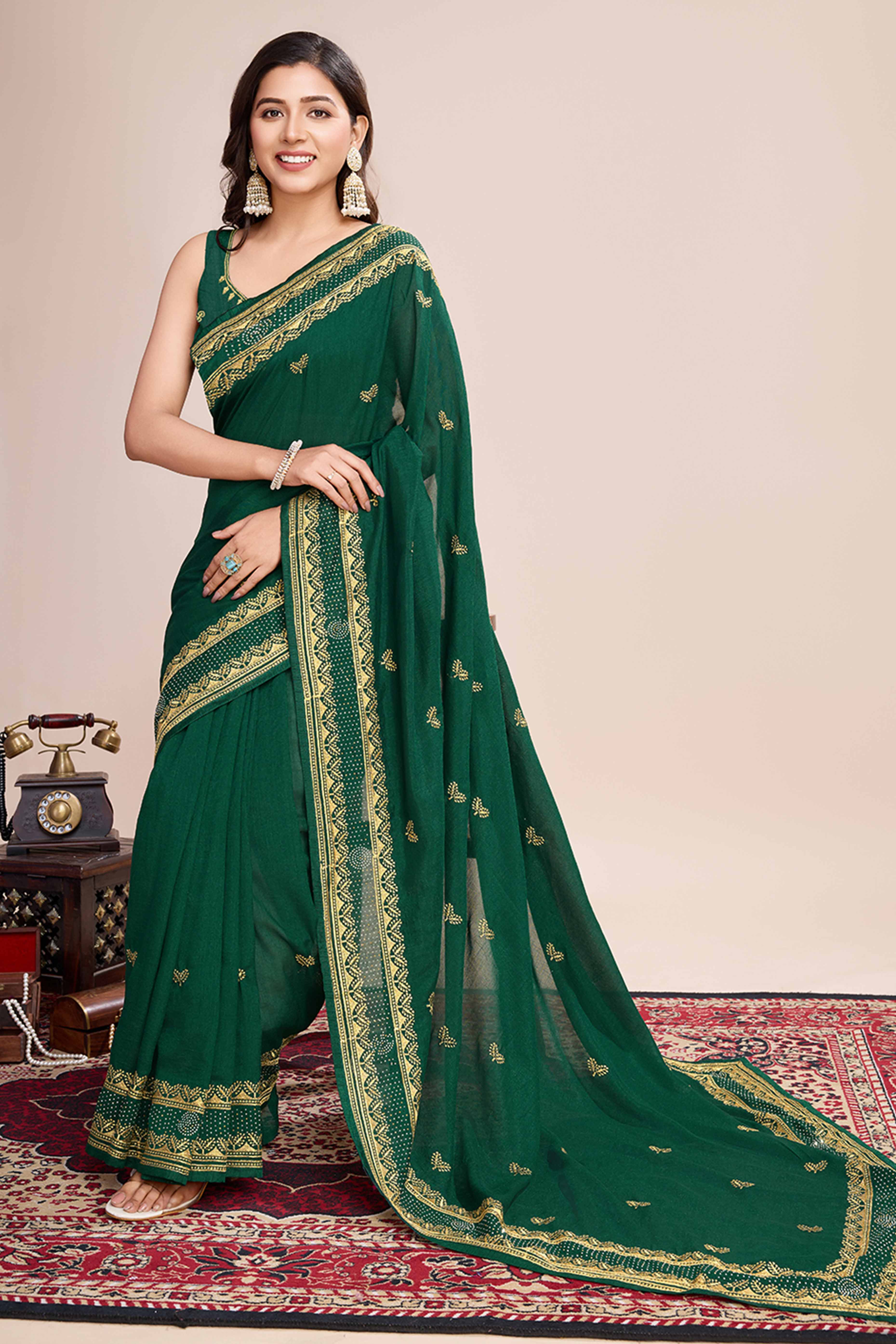 Green Floral Embroidered Vichitra Silk Saree