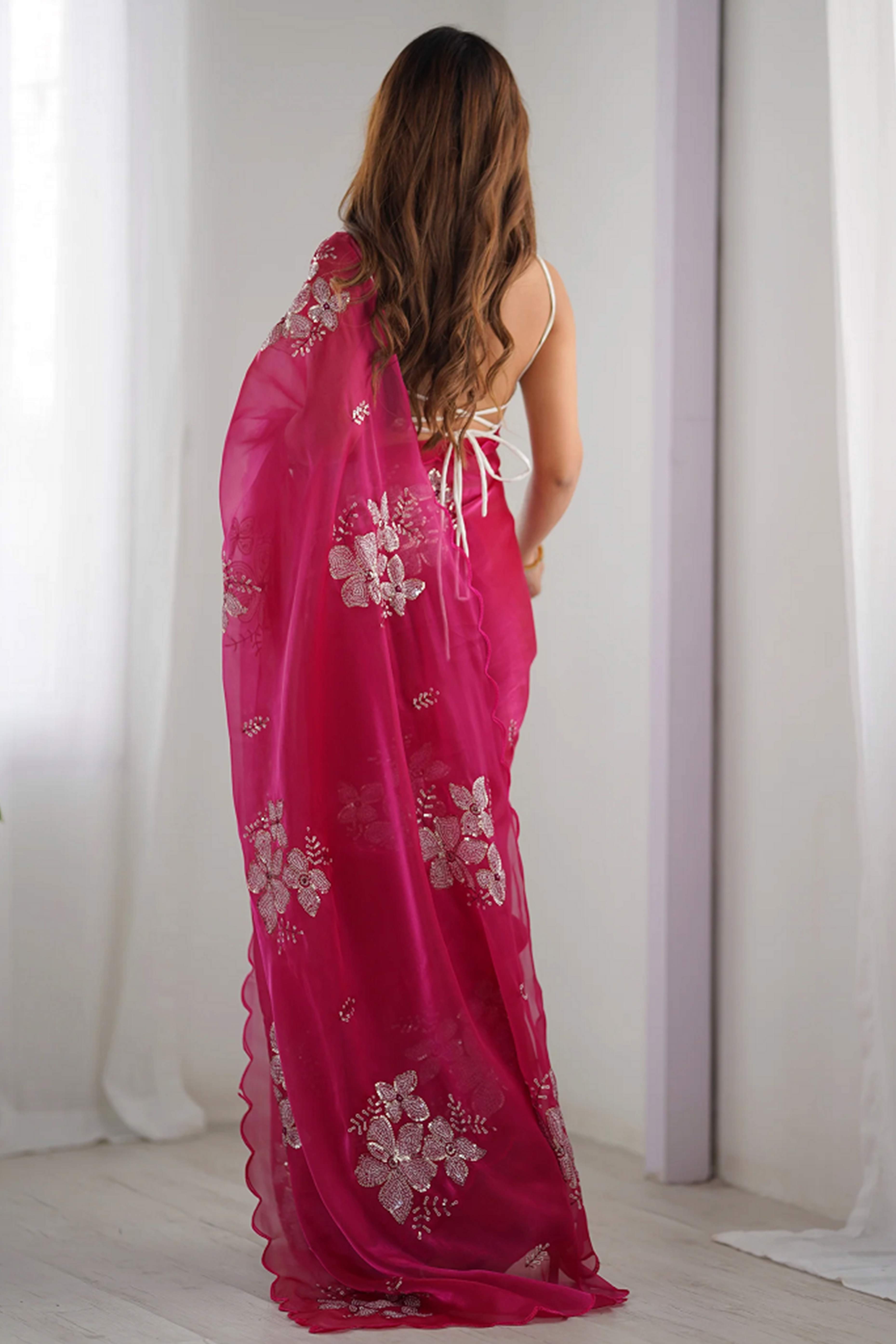Pink Sequins Floral Embroidered Organza Saree