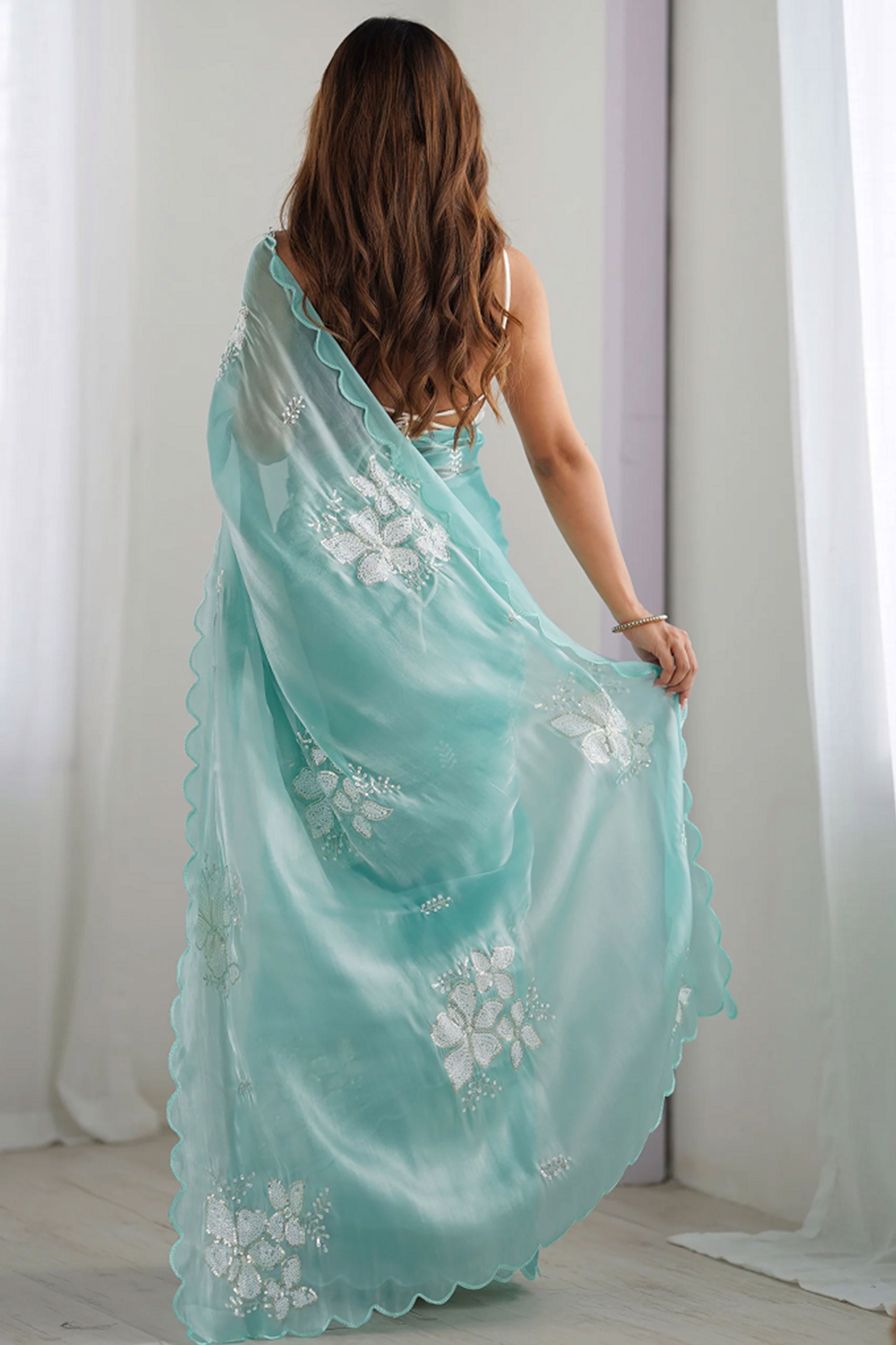 Aqua Blue Sequins Floral Embroidered Organza Saree