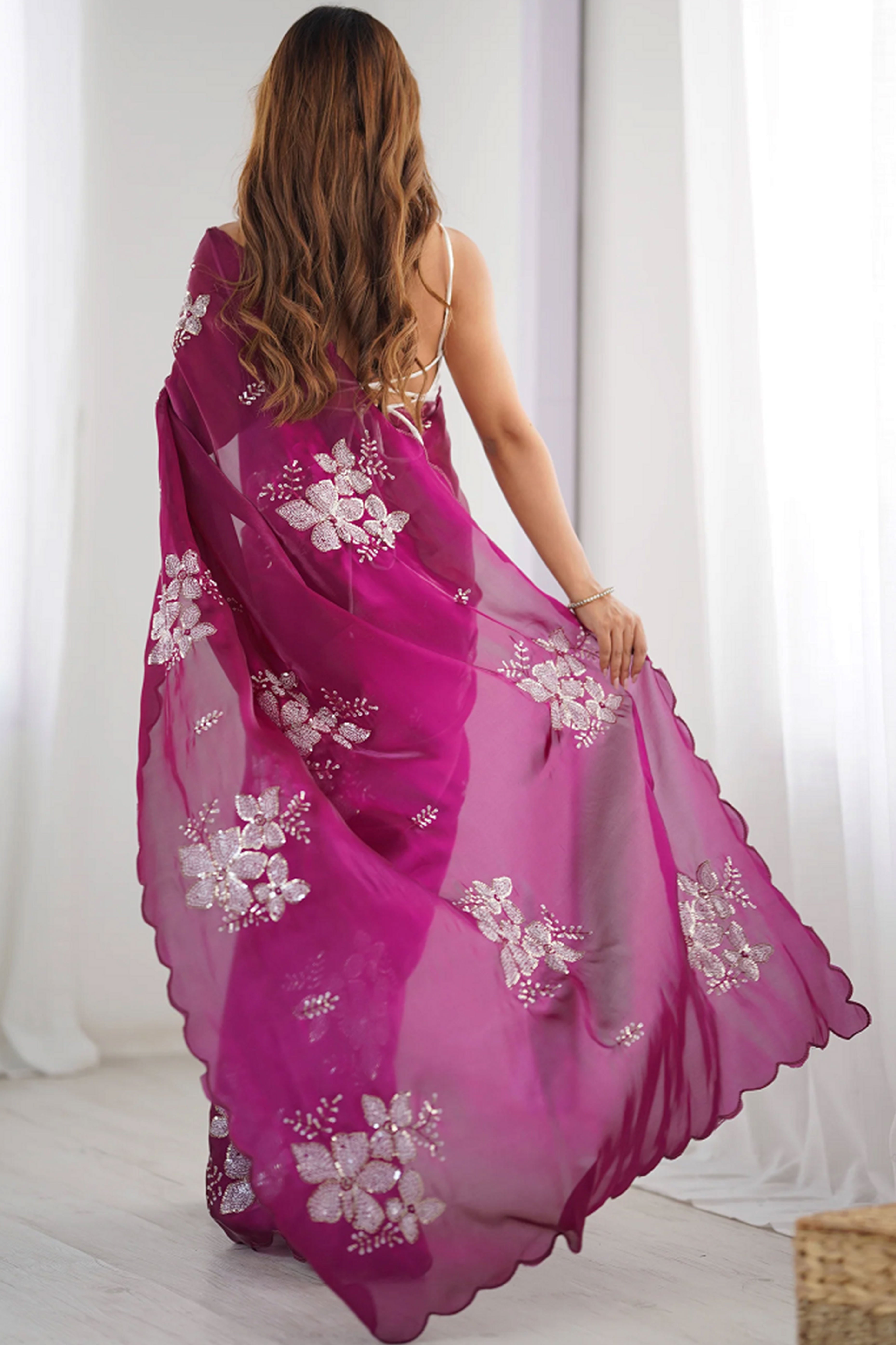 Wine Sequins Floral Embroidered Organza Saree