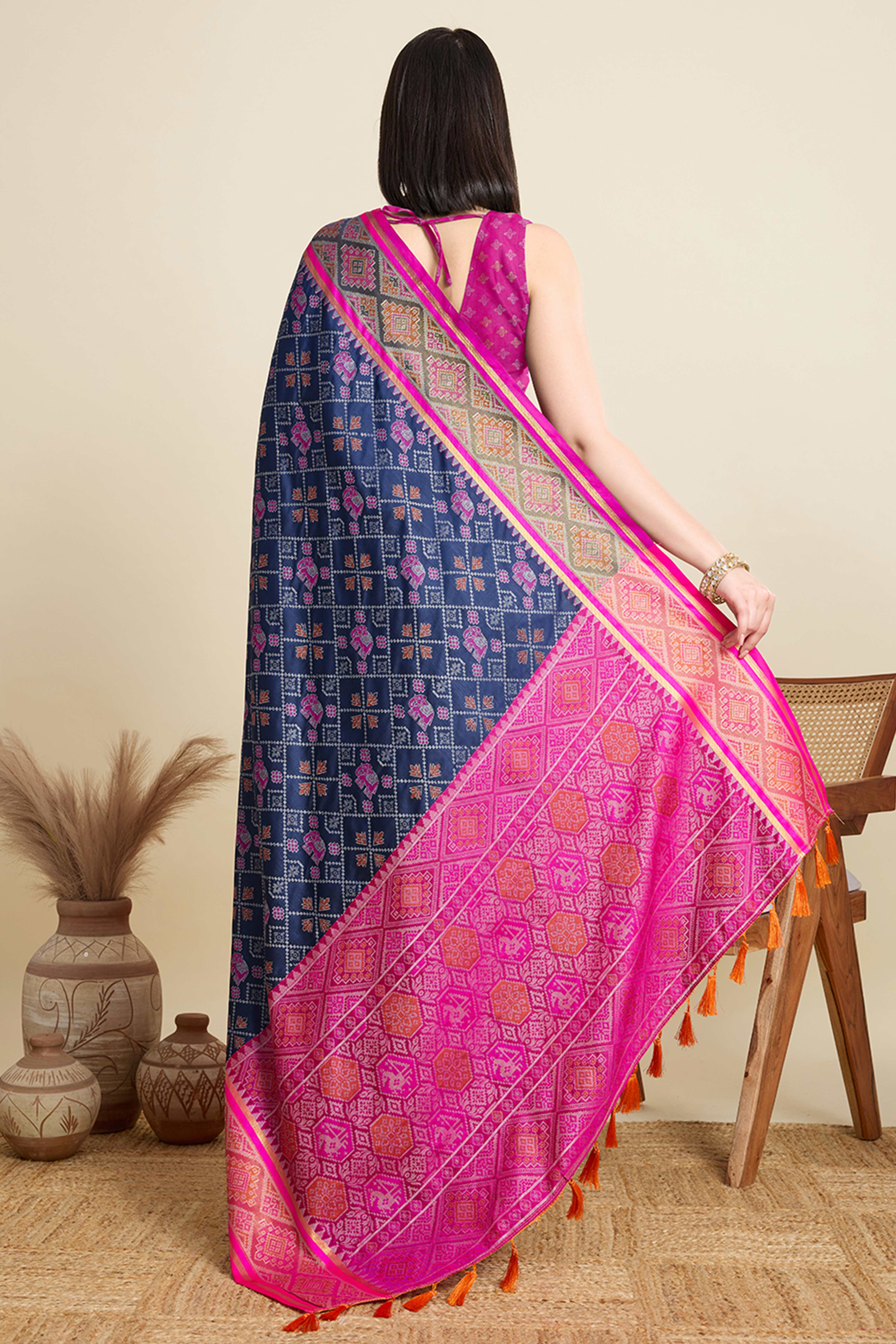 Royal Blue Silk Blend Saree Featuring Patola Prints and a Detailed Weaving Border