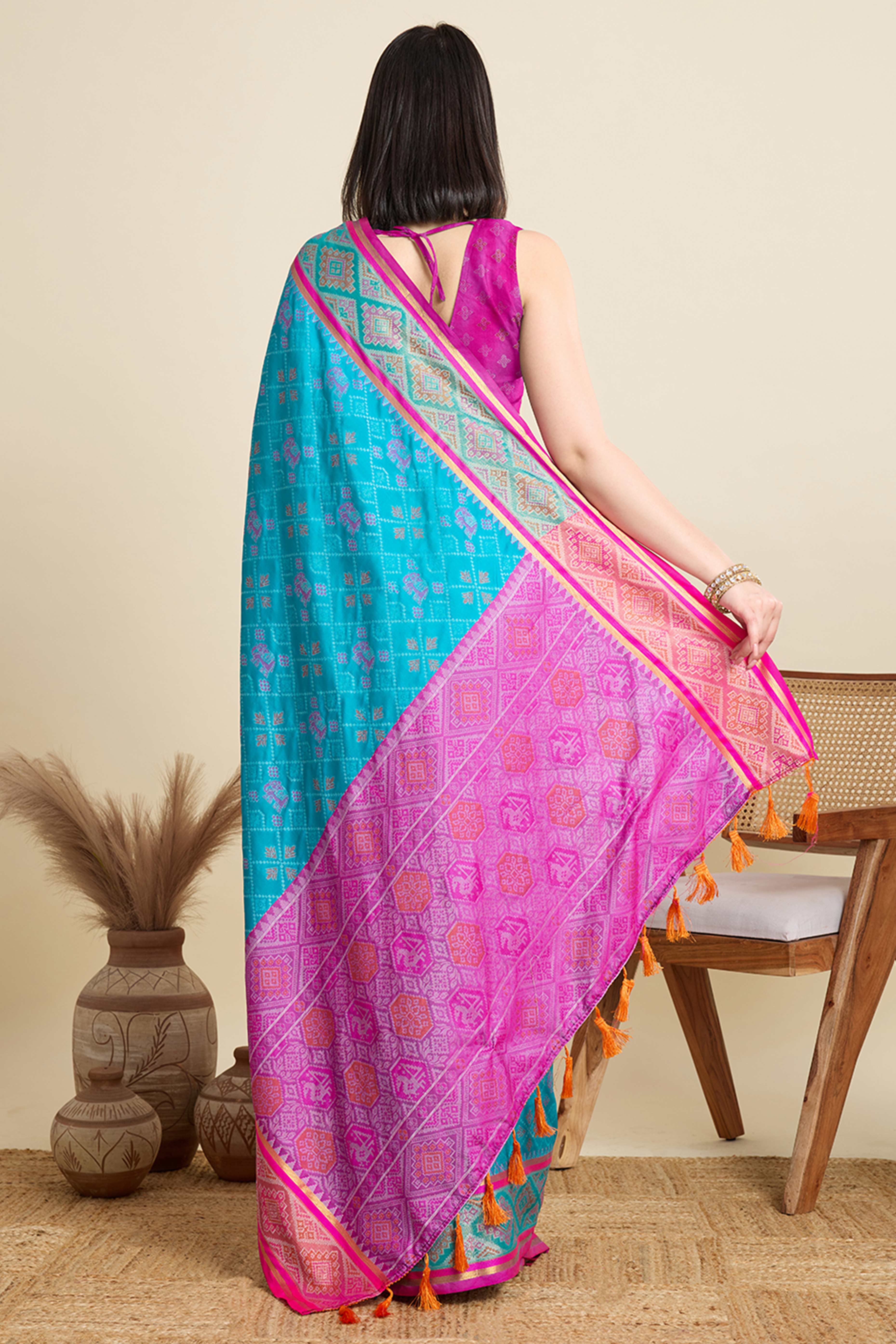 Sky Blue Silk Blend Saree Featuring Patola Prints and a Detailed Weaving Border