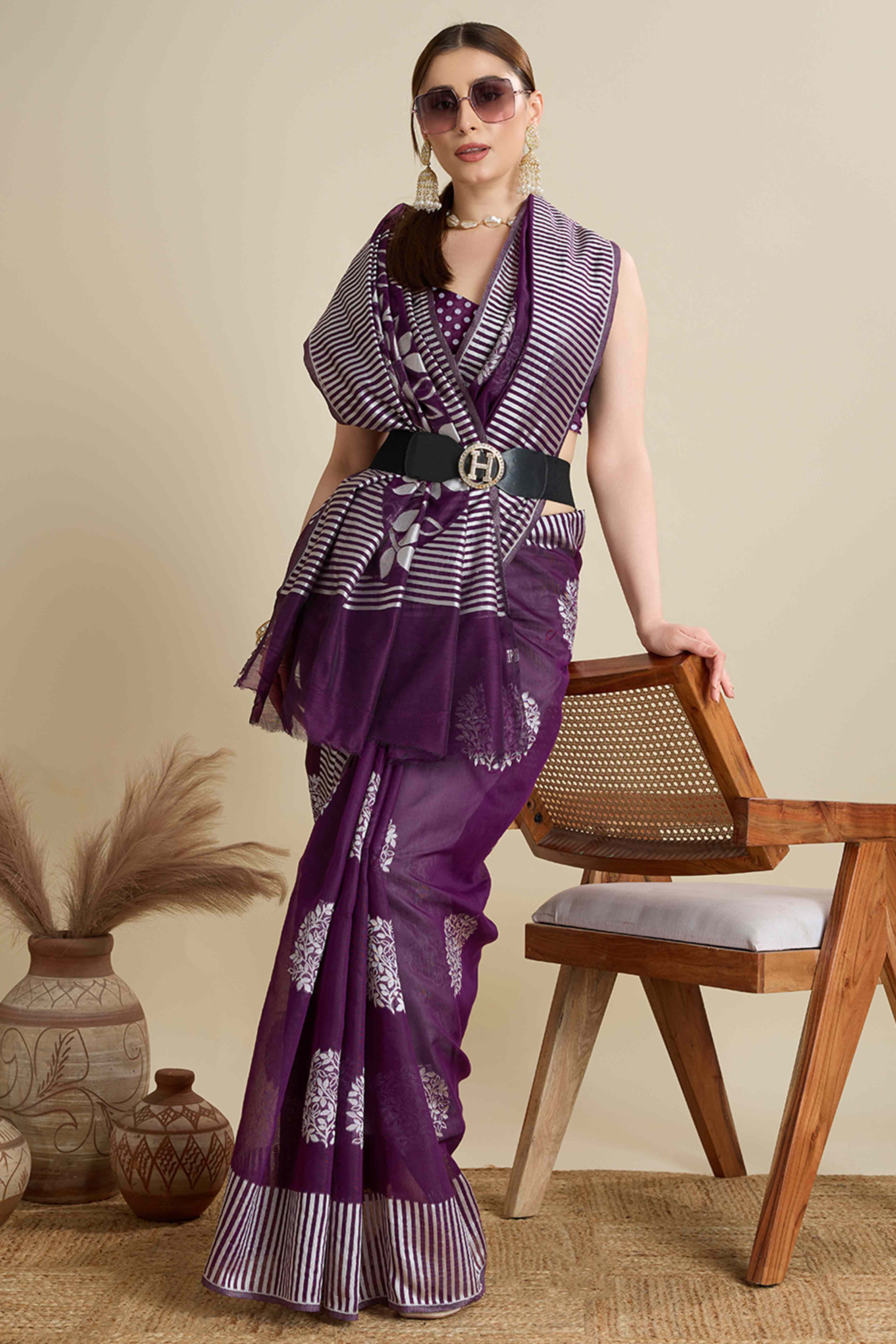 Purple Elegance Soft Cotton Silk Saree with Beautifully Woven Floral Designs